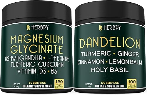 Paquete de suplemento de glicinato de magnesio 6 en 1 y suplemento de diente de león 6 en 1 Apoya la salud de día y noche reparador, relajación,