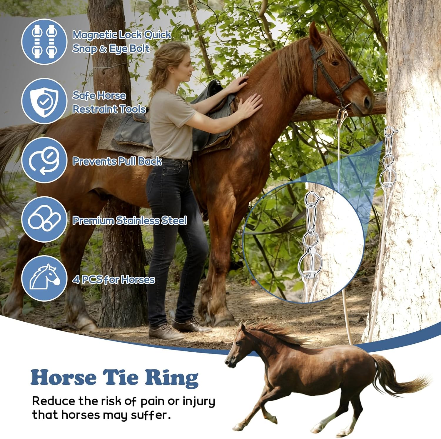 Horse Tie Ring, 4 PCS for Horses, Stainless Steel Horse Cross Ties with Magnetic Lock Quick Snap & Eye Bolt, Prevents Pull Back Tie Ring for Horses Indoor and Outdoor