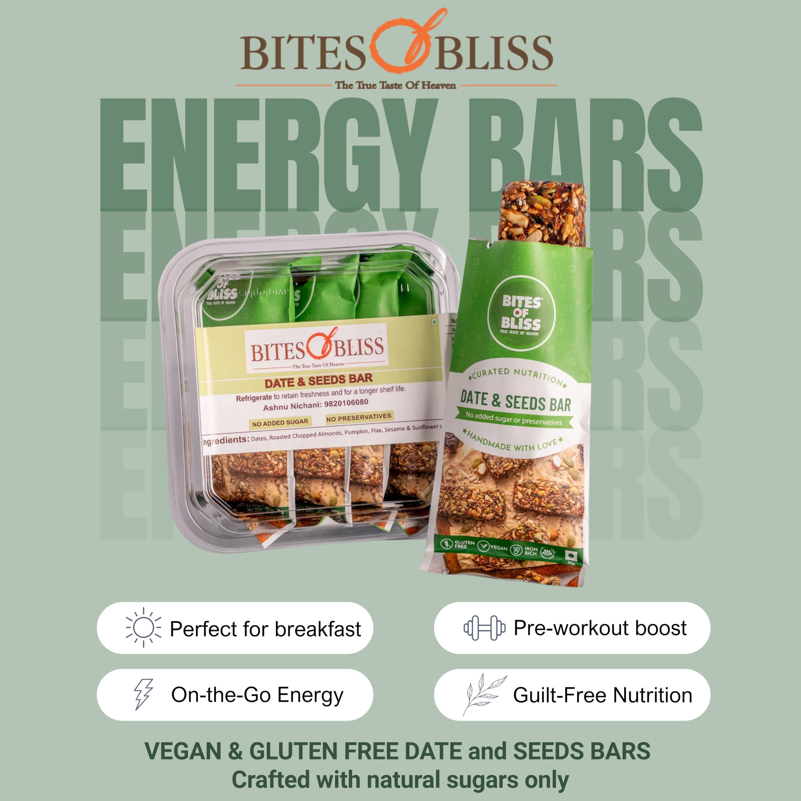 Bites of Bliss Date N Seeds Bar | Vegan Protein Bar Without Sugar | Dates, Almonds, Pumpkin, Sunflower, Flax, White & Black Sesame, Chia & Watermelon seeds | No Added Preservatives | Healthy Energy Bars | Double Pack — Amazon image 3