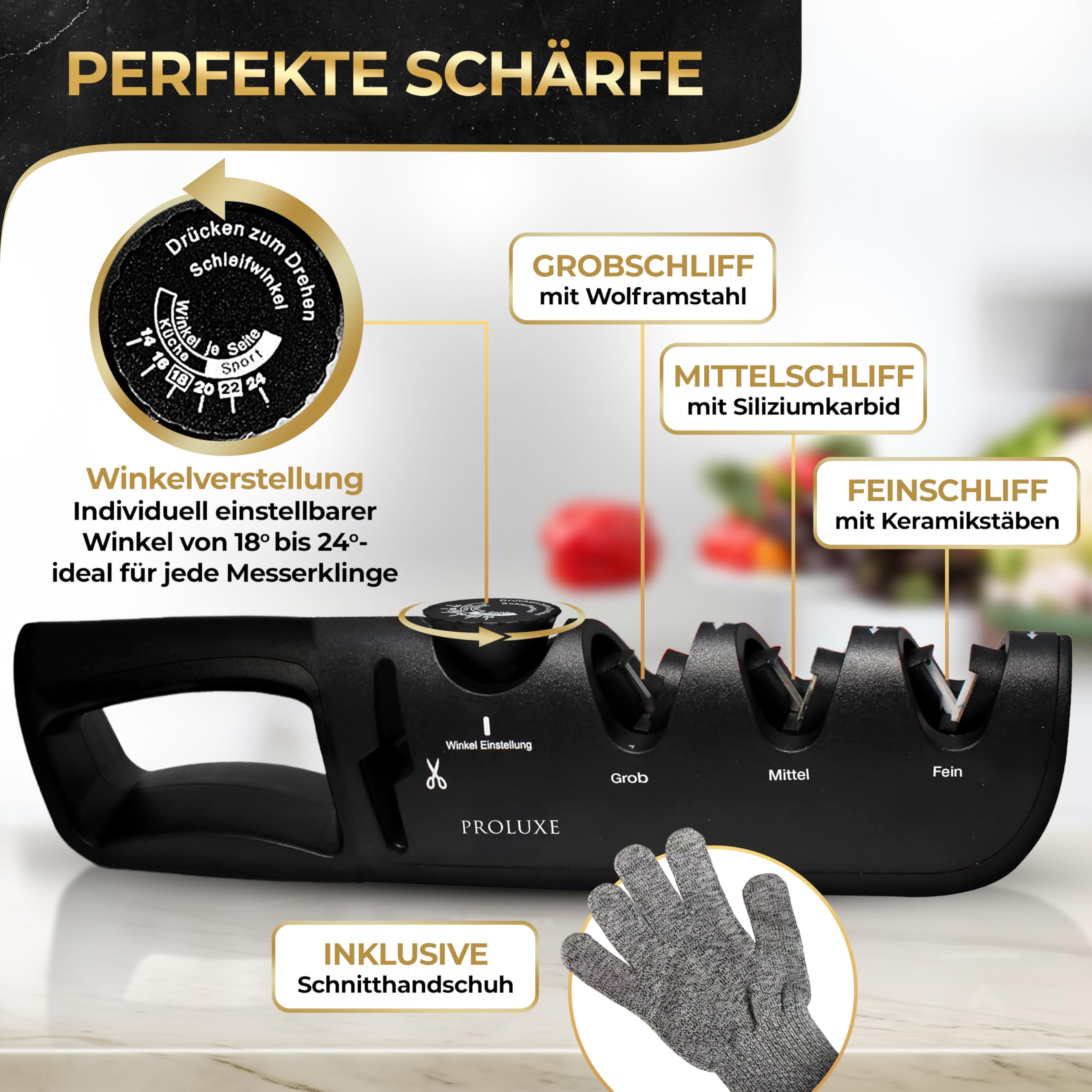 Proluxe® Affilacoltelli professionale con guida angolare e affilacoltelli – 4 livelli manuale per coltelli da cucina, coltello damascato e forbici – levigatrice diamantata – Kitchen Knife Sharpener