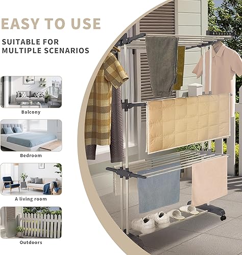 Miniatura 4 de Tendedero plegable de 3 niveles con ruedas, capacidad de 77 libras, color gris