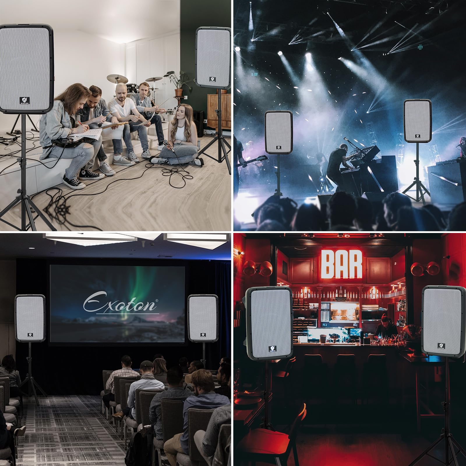 EXOTON 10inch PA System with 8-Channel Mixer,Portable 600W Bluetooth Speakers,USB/SD/FM/5-band EQ, Includes 2 Speaker Stands/Mic/48V Phantom Power,for Indoor&Outdoor