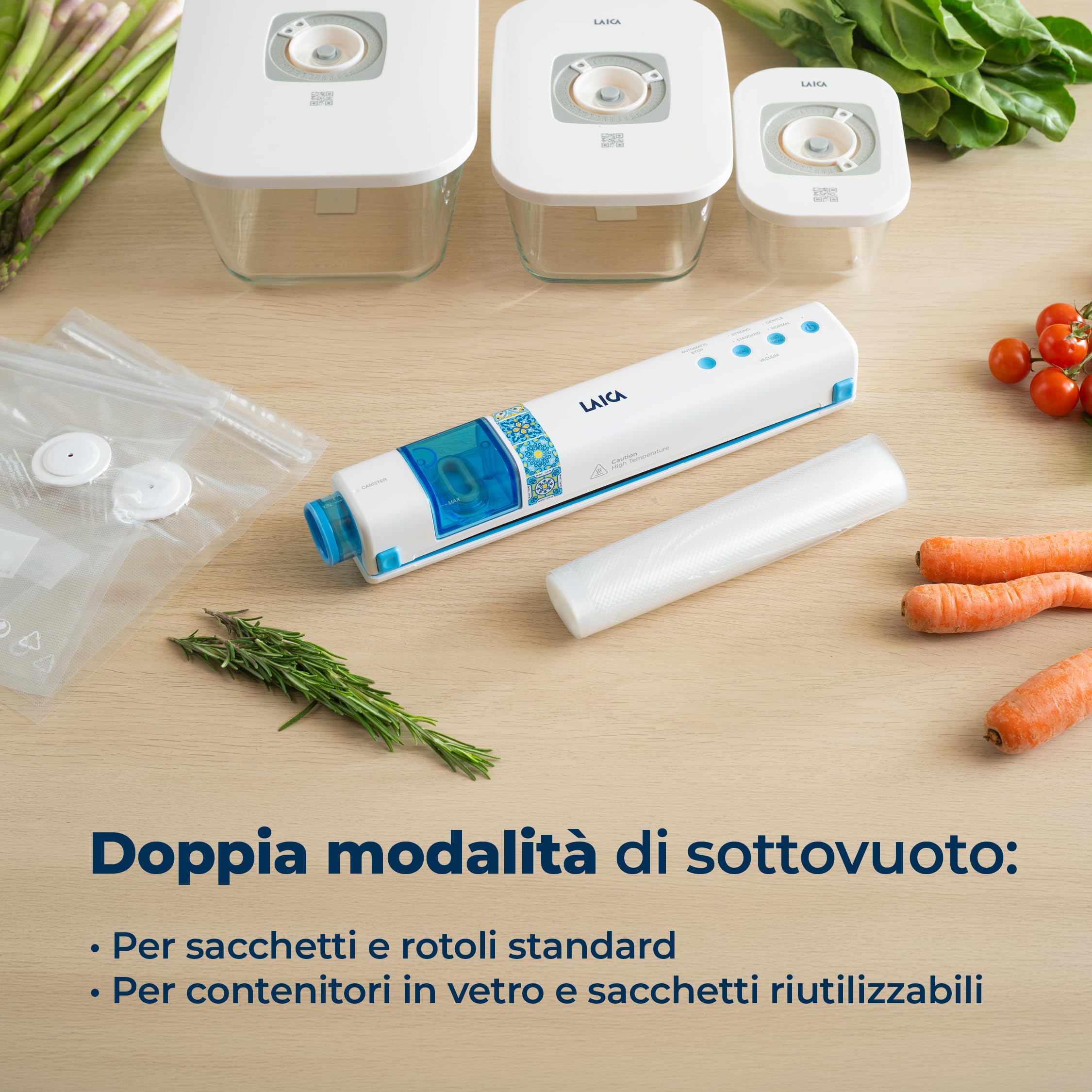 LAICA VT3206 Macchina Sottovuoto Alimenti Senza Fili - Automatica e Compatta, Ricarica USB-C - Conserva i Cibi Fino a 5 Volte Più a Lungo - Camera Raccogli Liquidi, Taglierina e Rotolo Inclusi