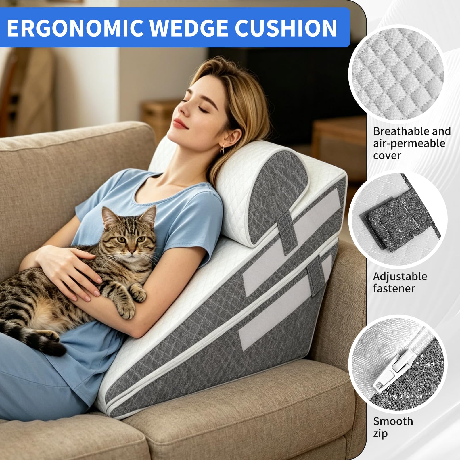 Almohada De Cuña Ortopédica Para Cama Y Sofá, Cojín De Lectura Ajustable Con Espuma Viscoelástica, Respaldo Ergonómico Para Alivio Del Reflujo, Apnea Del Sueño Y Dolor De Espalda, Funda Lavable