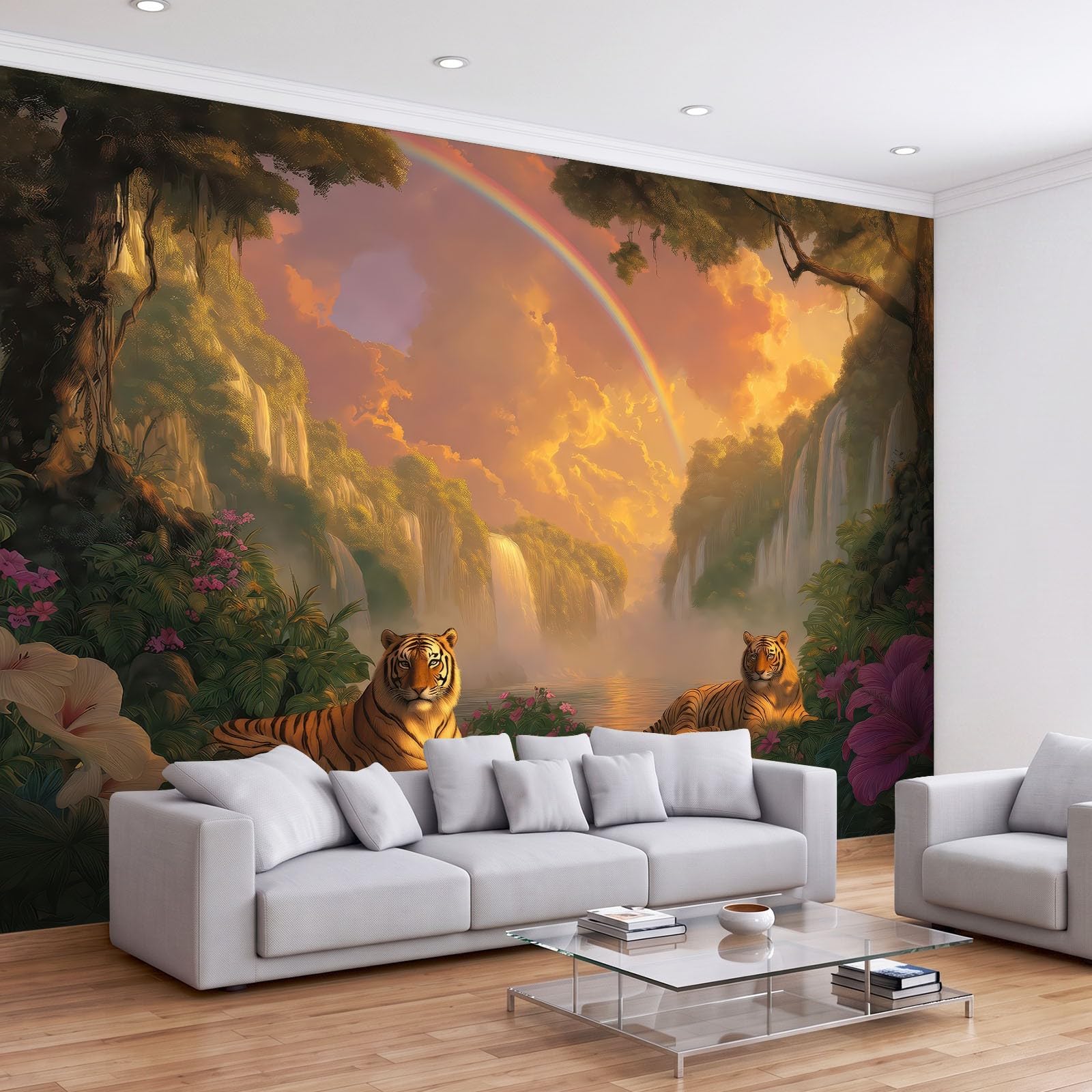 Tapeta 3D efekt panoramiczny obraz ścienny 200 x 140 cm fantastyczne zwierzęta tygrysy dżungla tapeta gobelin panoramiczny plakat salon dekoracja ścienna do pokoju dziecięcego, żółty i niebieski
