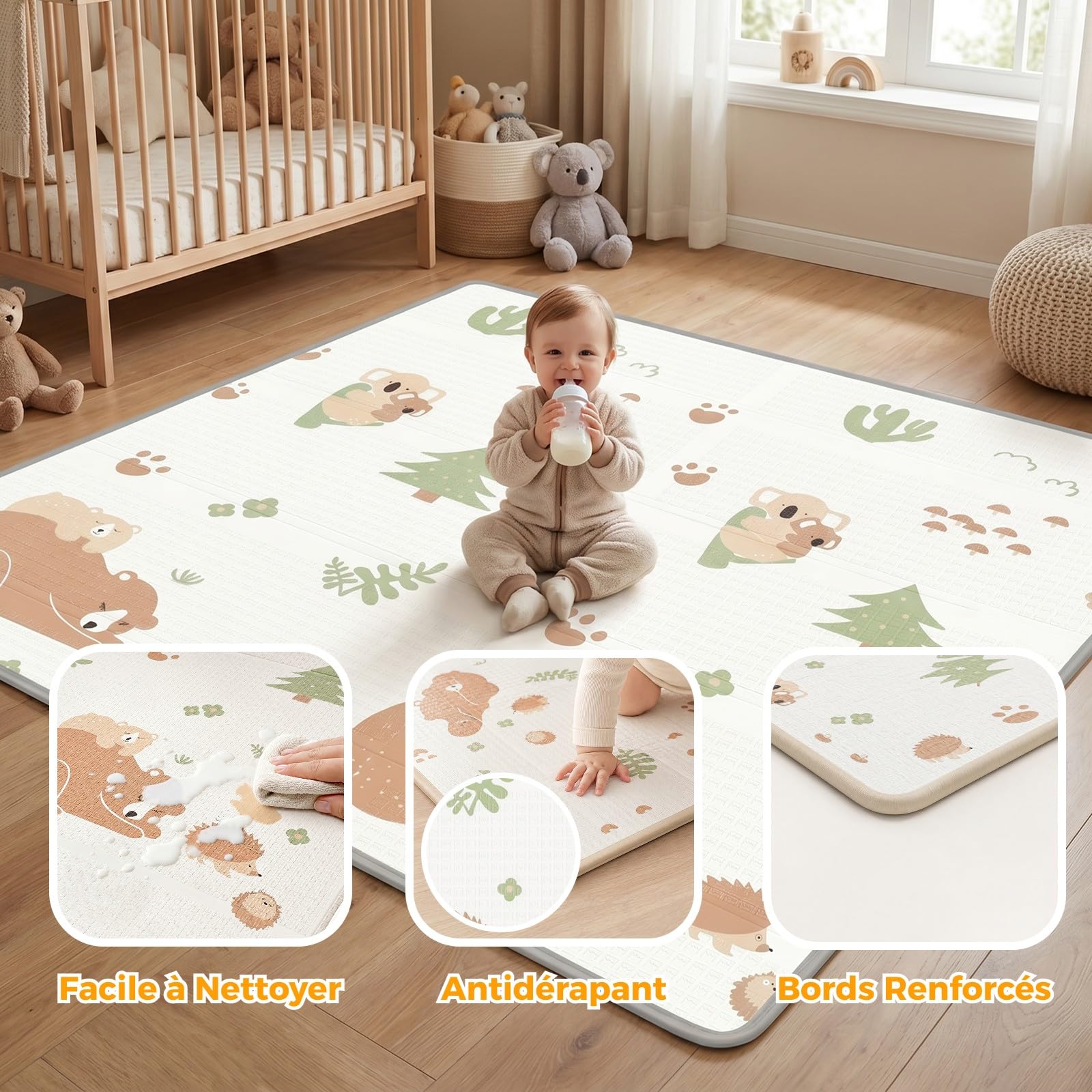 Beige Parc Bebe avec Tapis - 150x150cm Parc Enfant Sécurisé | Aire de jeu carrée tissu Oxford, Filet respirant 360°, Structure stable, Ventouses puissantes, 4 anneaux
