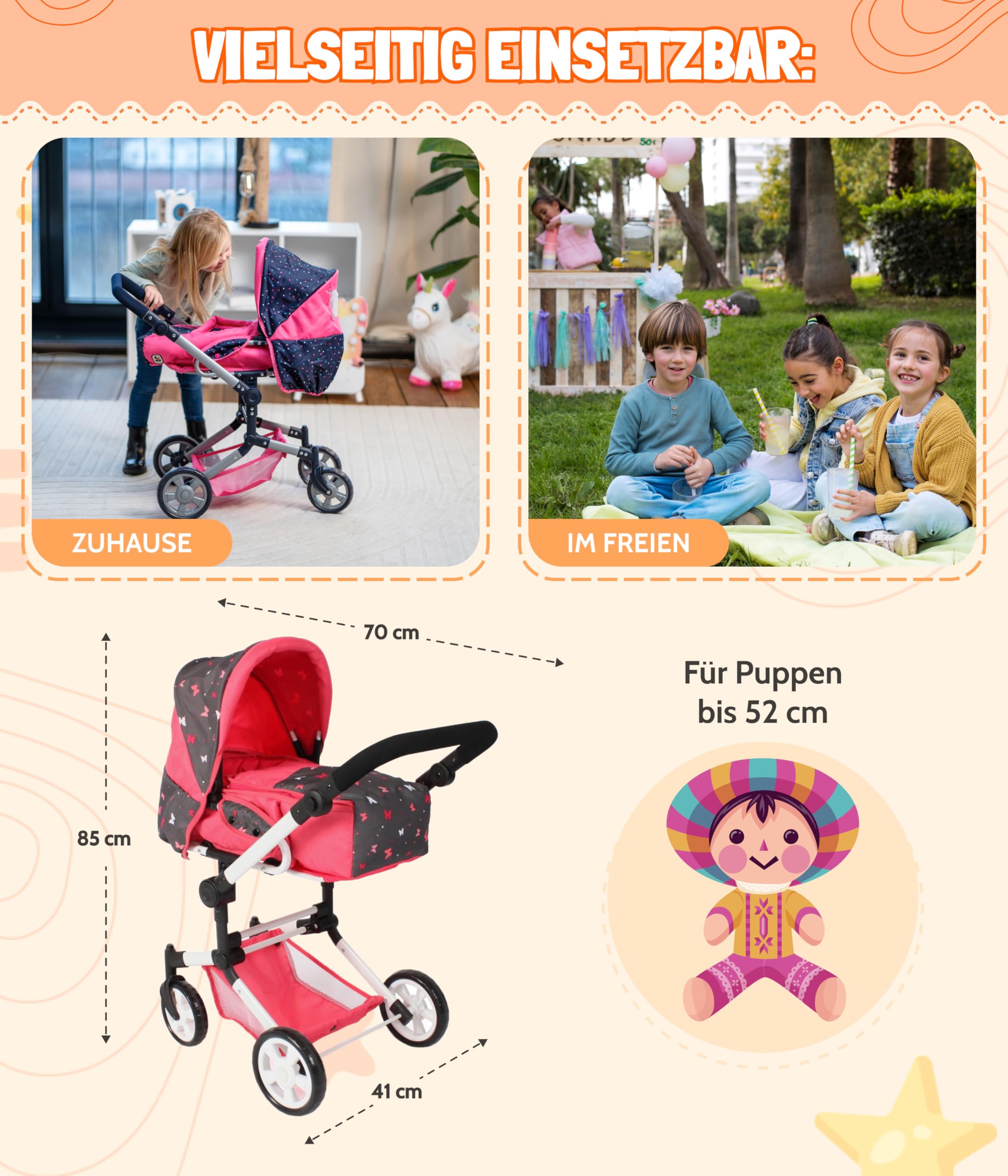 Bayer Chic 2000® Wózek dla lalek Jara 3 w 1 – Butterfly Coral – składany, uchwyt z regulacją wysokości 47-78 cm – torba do przenoszenia – lalki do 52 cm, 4-8 J.