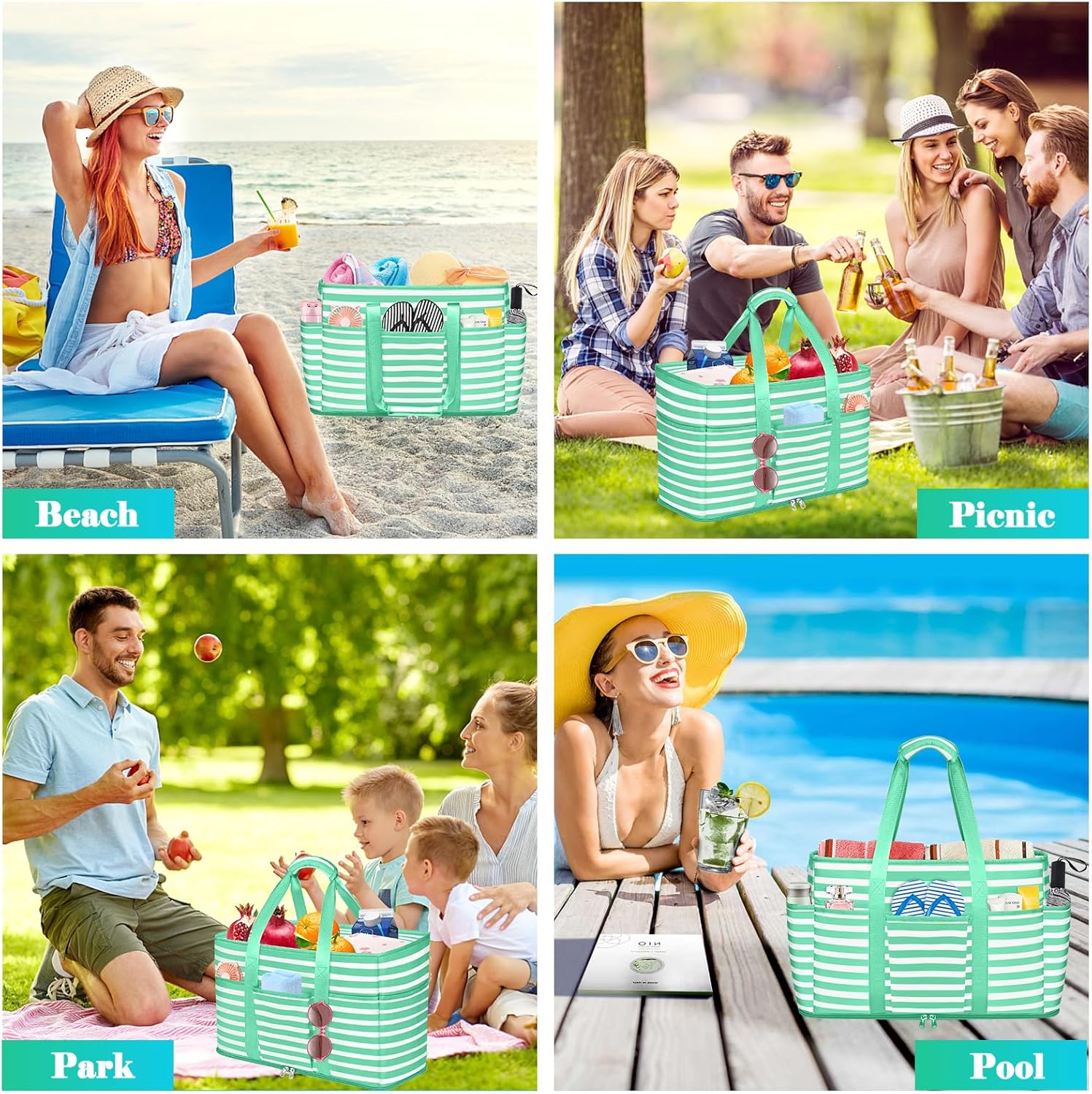 Large Beach Bag with Zipper, 12 Pockets Waterproof Sandproof Pool Bag Womens Mesh Beach Tote Bag for Travel Vacation - Image 7