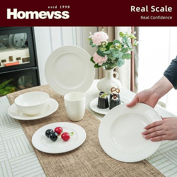 HomeVss Bone China Dinnerware Set, Embossed Pearl Design, 40 Piece Dinnerware Set