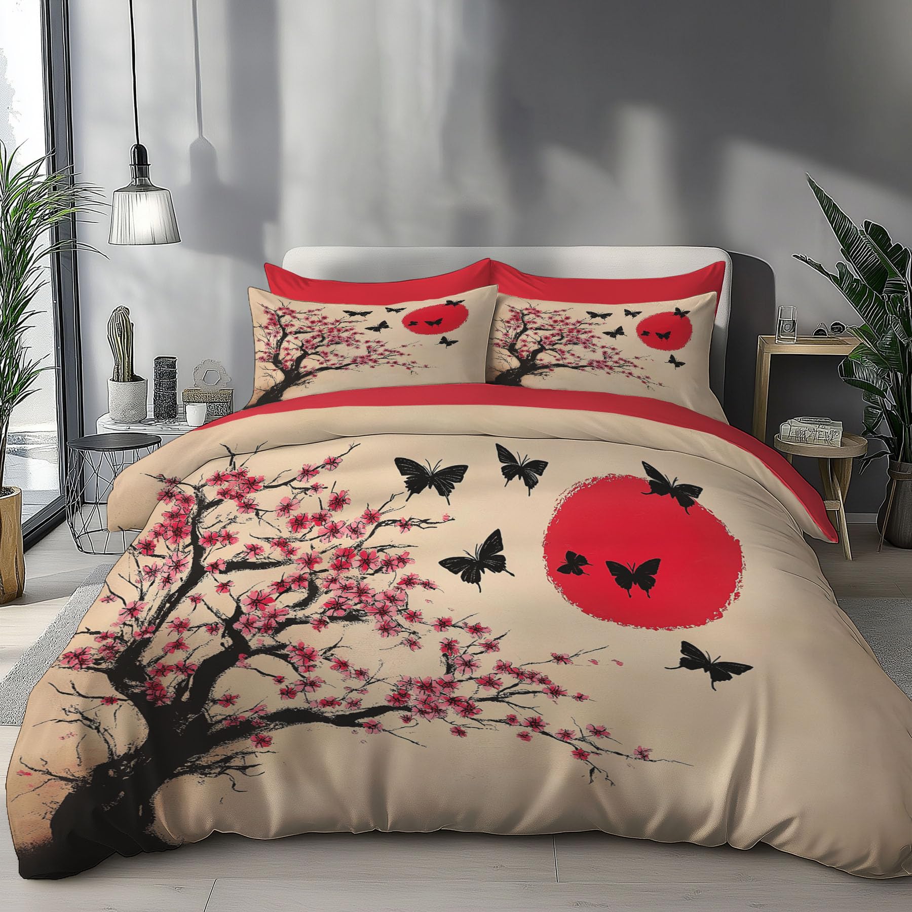 Parure de lit papillon 200x200 cm avec taies d'oreiller en motif cerisier