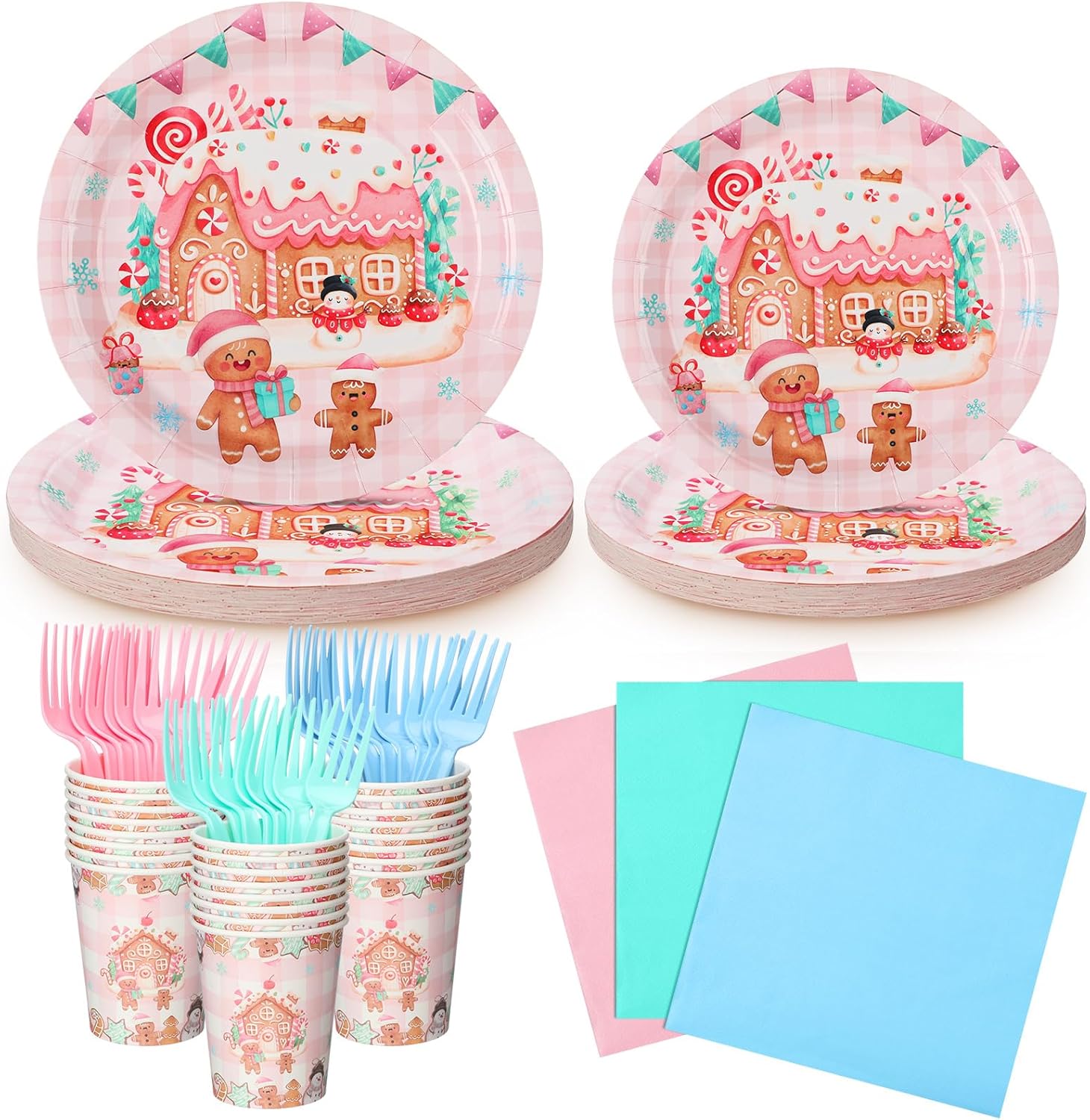 Vesici 120 Pcs Christmas Pastel Gingerbread Dinnerware Set Party Decorations Supplies Pink Gingerbread House Cookie Christmas Disposable Tableware Set with Plates Cups Napkins, Serves 24 Guests