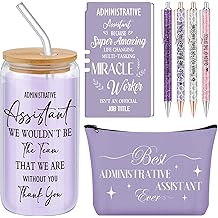 Skylety 7 Pcs Administrative Assistant Gifts Set 16oz Glass Tumbler Makeup Bag Ballpoint Pens Notebook Admin Professional Day Secretary Thank You Gift for Women Lady Coworkers Office