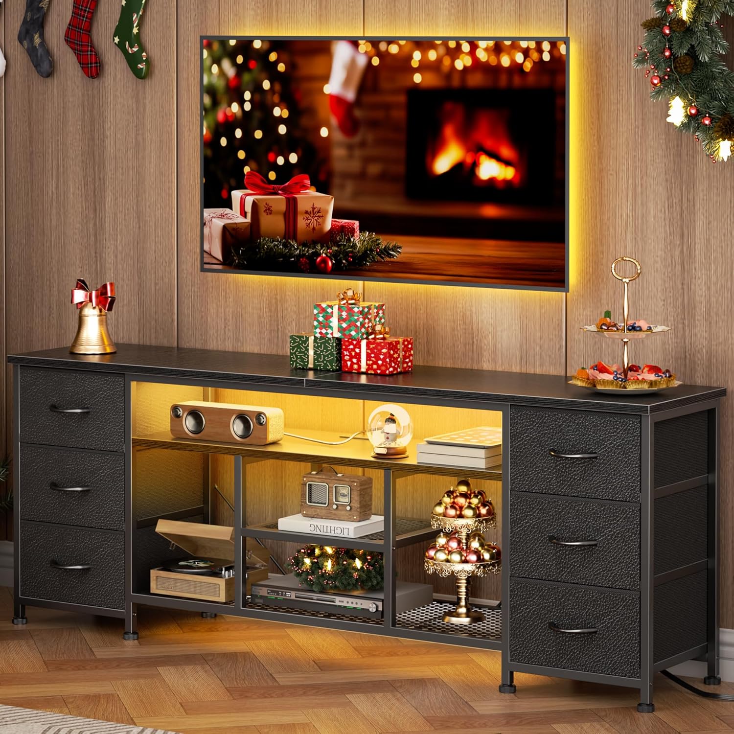 Furologee LED TV Stand for 65, 70 Inch TV, 63 Inch Entertainment Center with Power Outlets, 6 Fabric Drawers Dresser for Bedroom, Media Console with Open Shelves, PU Leather Surface, Black - Image 7