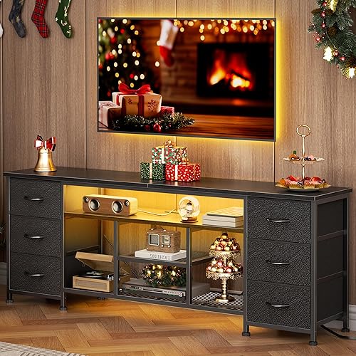 Miniatura 7 de Furologee Soporte de TV LED para TV de 65, 70 pulgadas, centro de entretenimiento de 63 pulgadas con tomas de corriente, cómoda de 6 cajones de tela