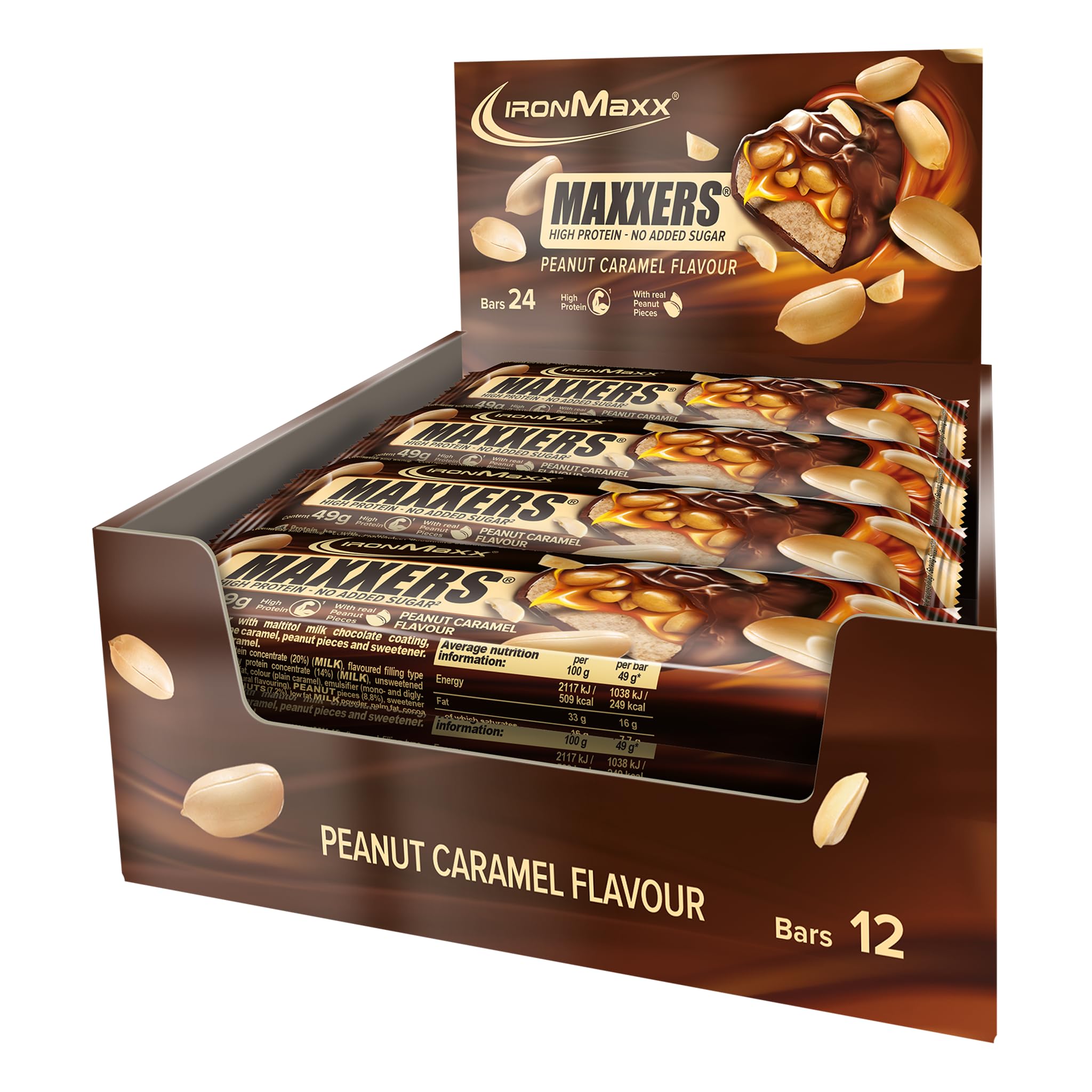 IronMaxx Maxxers Proteinriegel - Peanut Caramel 12x49g | High Protein Snack mit echten Erdnussstücken | Kein zugesetzter Zucker | Perfekt für unterwegs