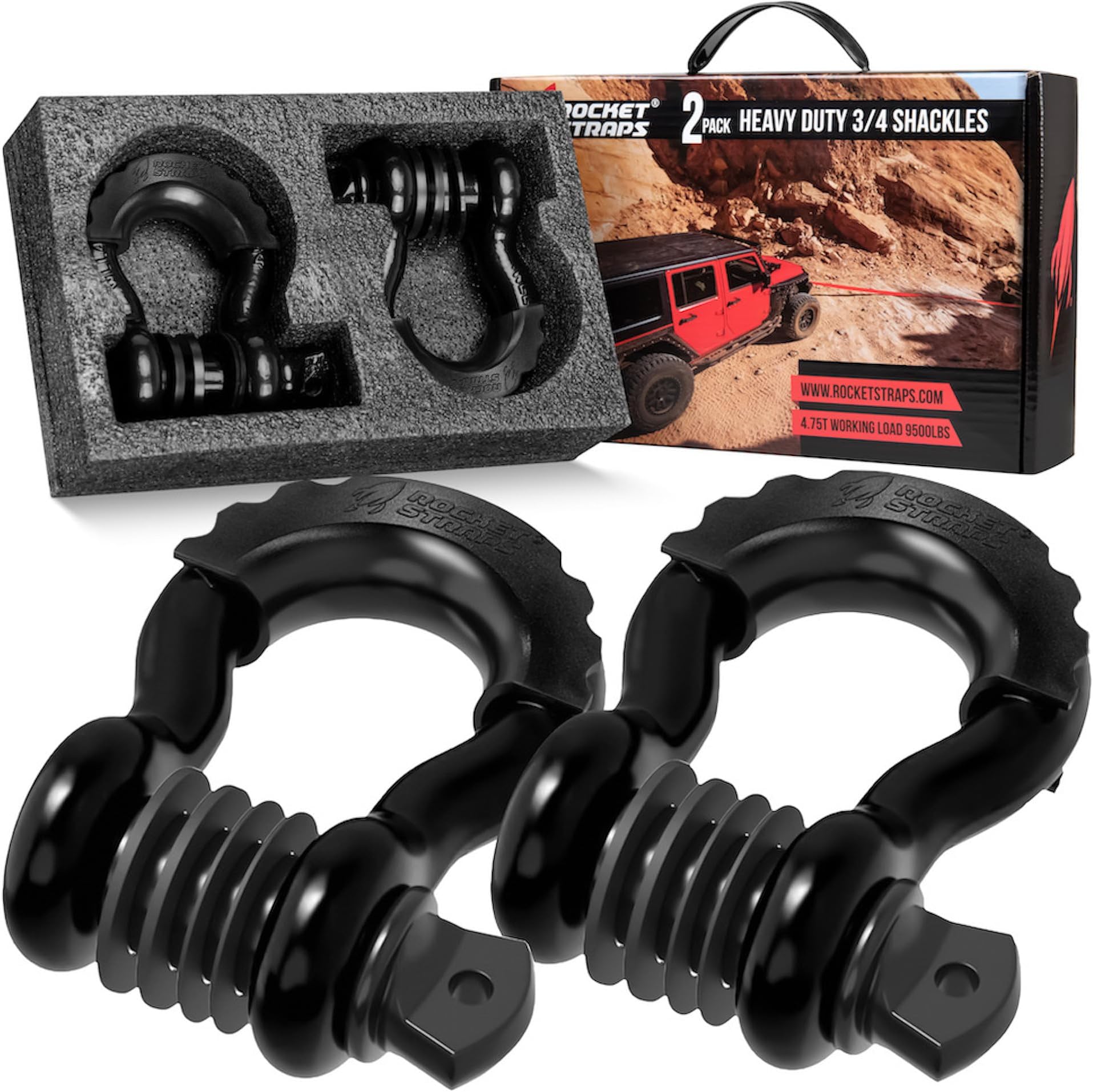 Rocket Straps Black D Ring Shackle | Premium Heavy Duty (2 Pack) D Ring Shackles (4.75 Ton) Break Strength – 3/4” Bow Shackle use with Tow Strap, Winch, Clevis, Truck Recovery, Towing Accessories