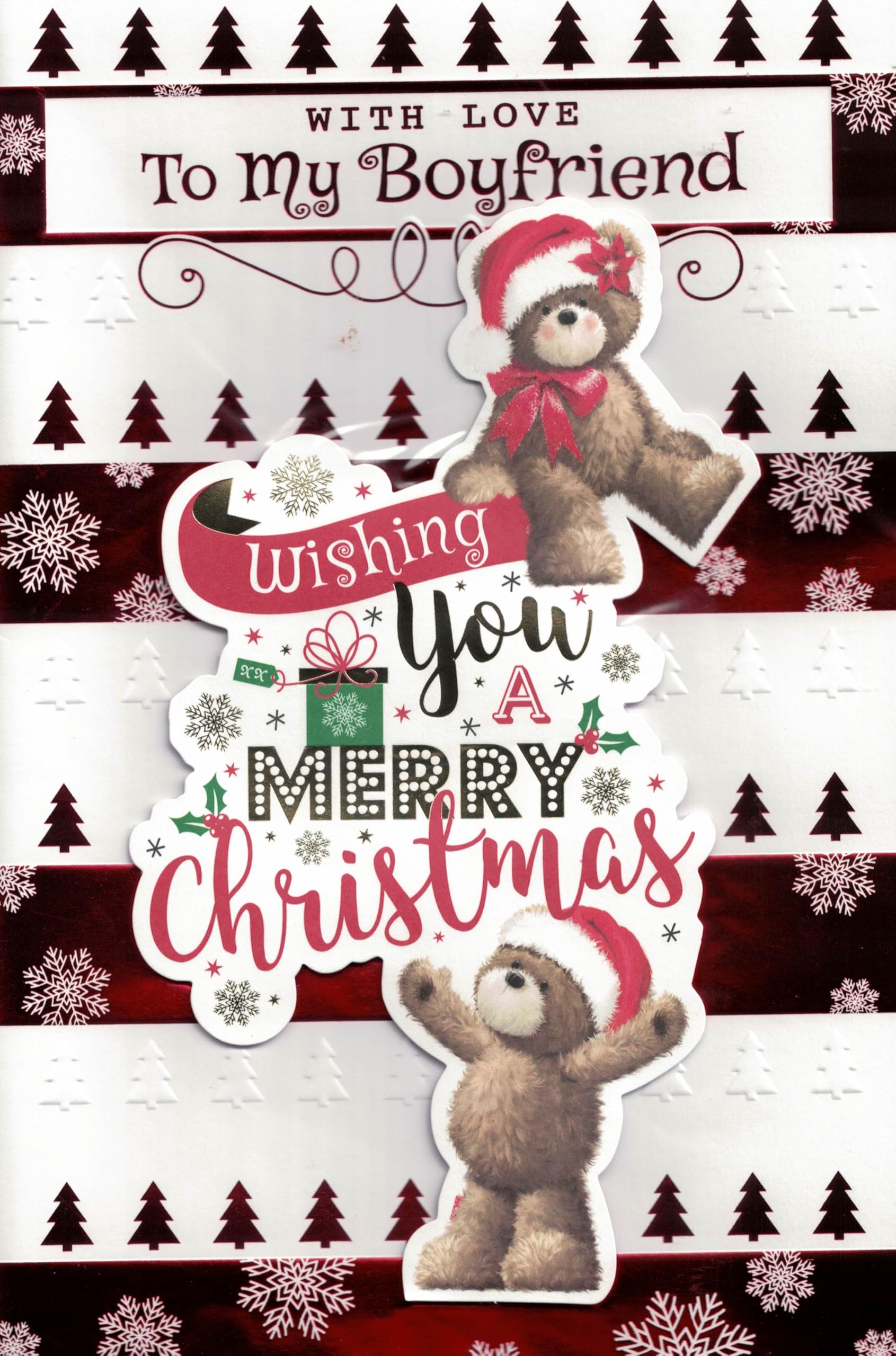 Holiday Greetings Extra Large Boyfriend Christmas Card with 8 Page Insert, Teddy Bear Design, Festive Winter Theme