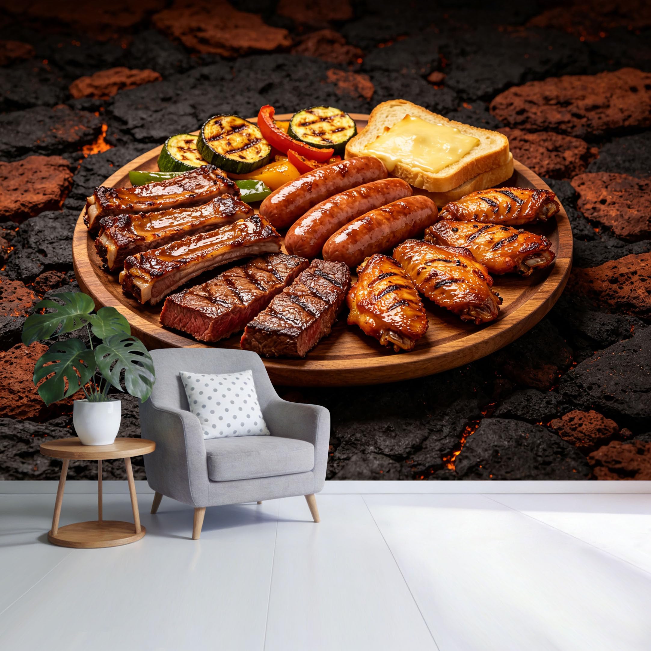 Custom Size Wall Mural BBQ Grilled Meat Platter Rustic Firestone Background Farmhouse Food Art SelfAdhesive Wall Fabric Removable Wallpaper for Home Office Decor