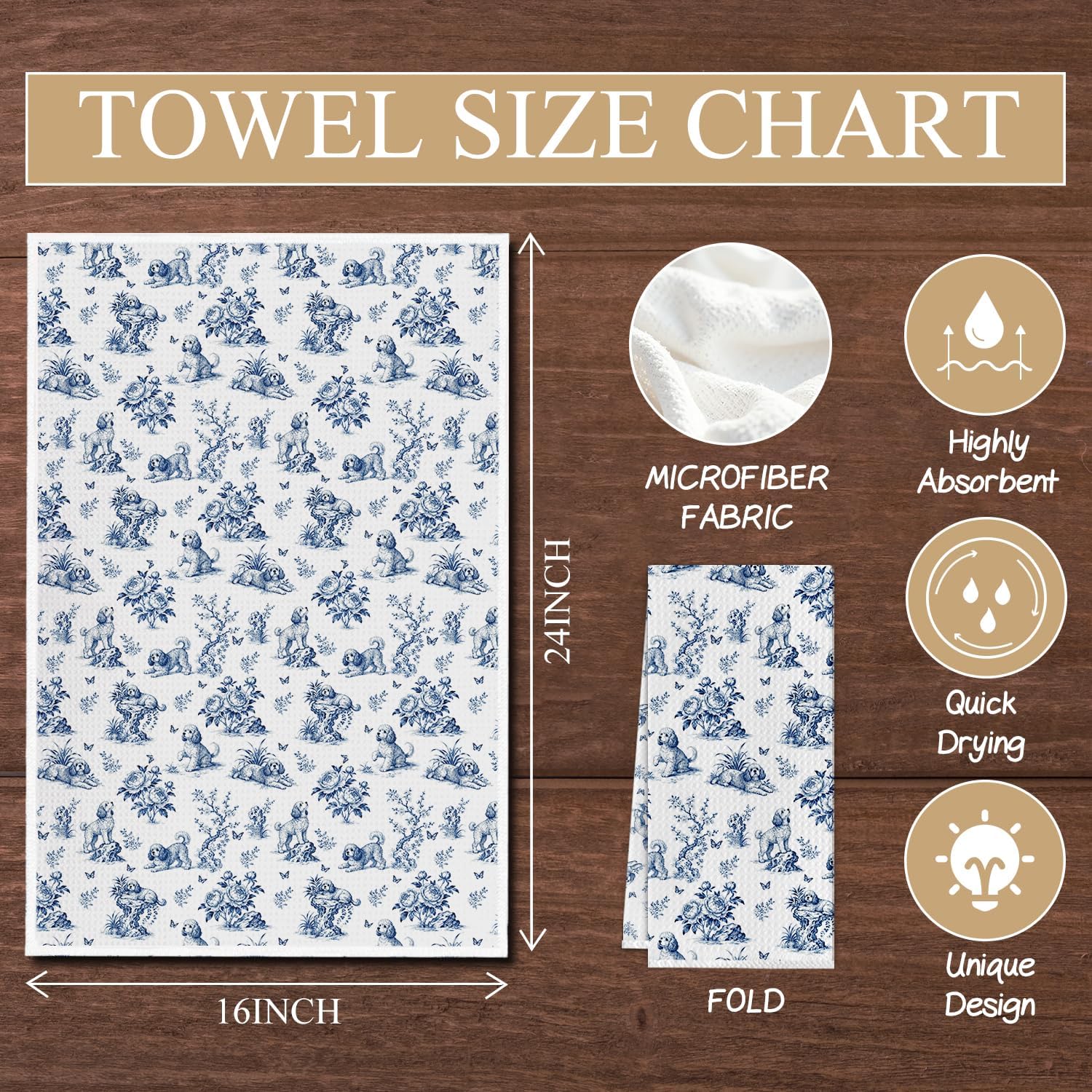 Chinoiserie Cavapoo Dog Kitchen Towels, Cavapoo Gifts for Women Dish Tea Towels for Kitchen Decor, Blue and White Floral Dog Decorative Hand Towel for Bathroom, 16x24 Inch - Image 6