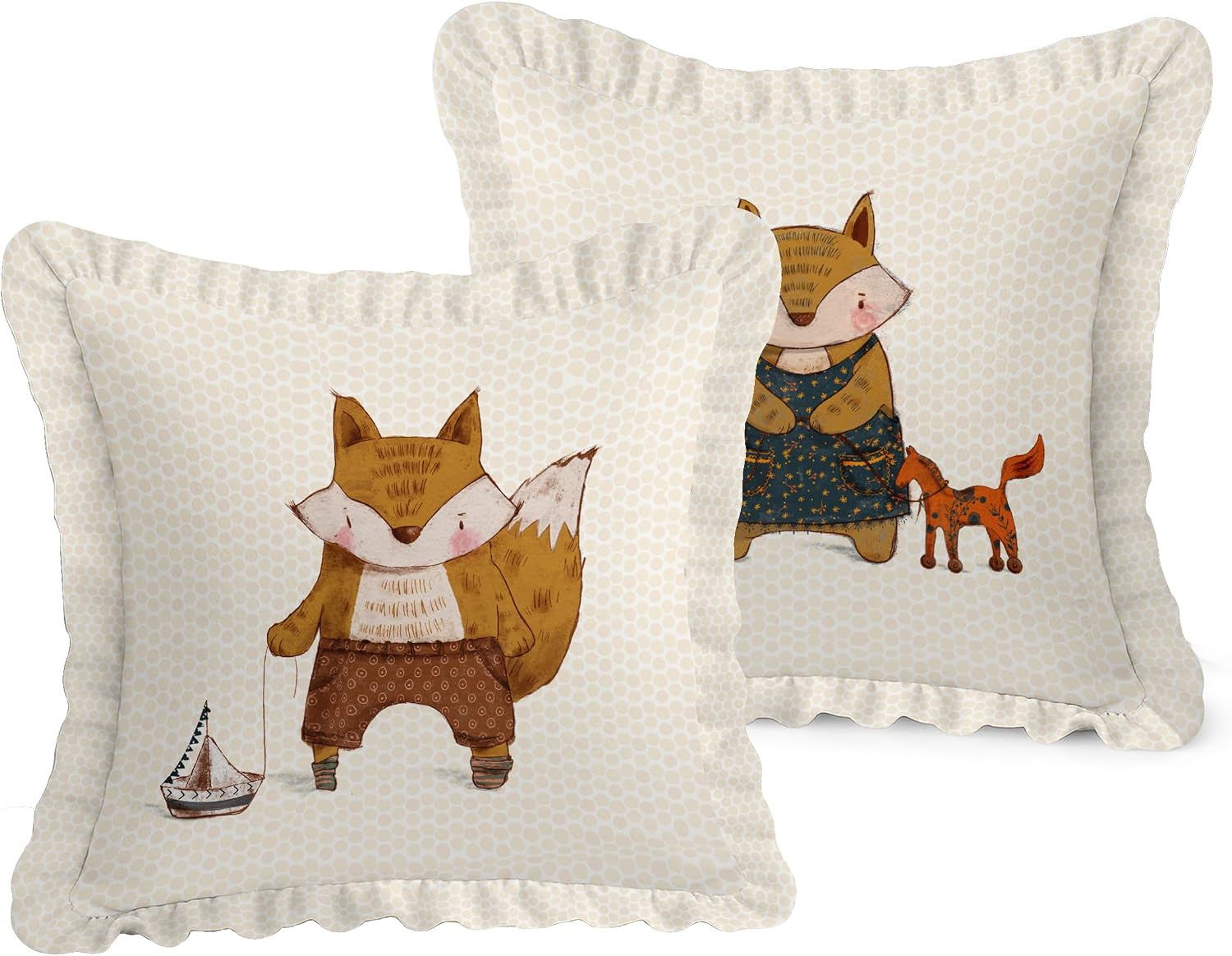 Throw Pillow Covers Set of 2-100% Cotton Twill, Frilled Edge, Double Sided Print, 16 x 16 Inch Decorative Cushion Covers, Hidden Zip, No Filler - Kids Theme Print
