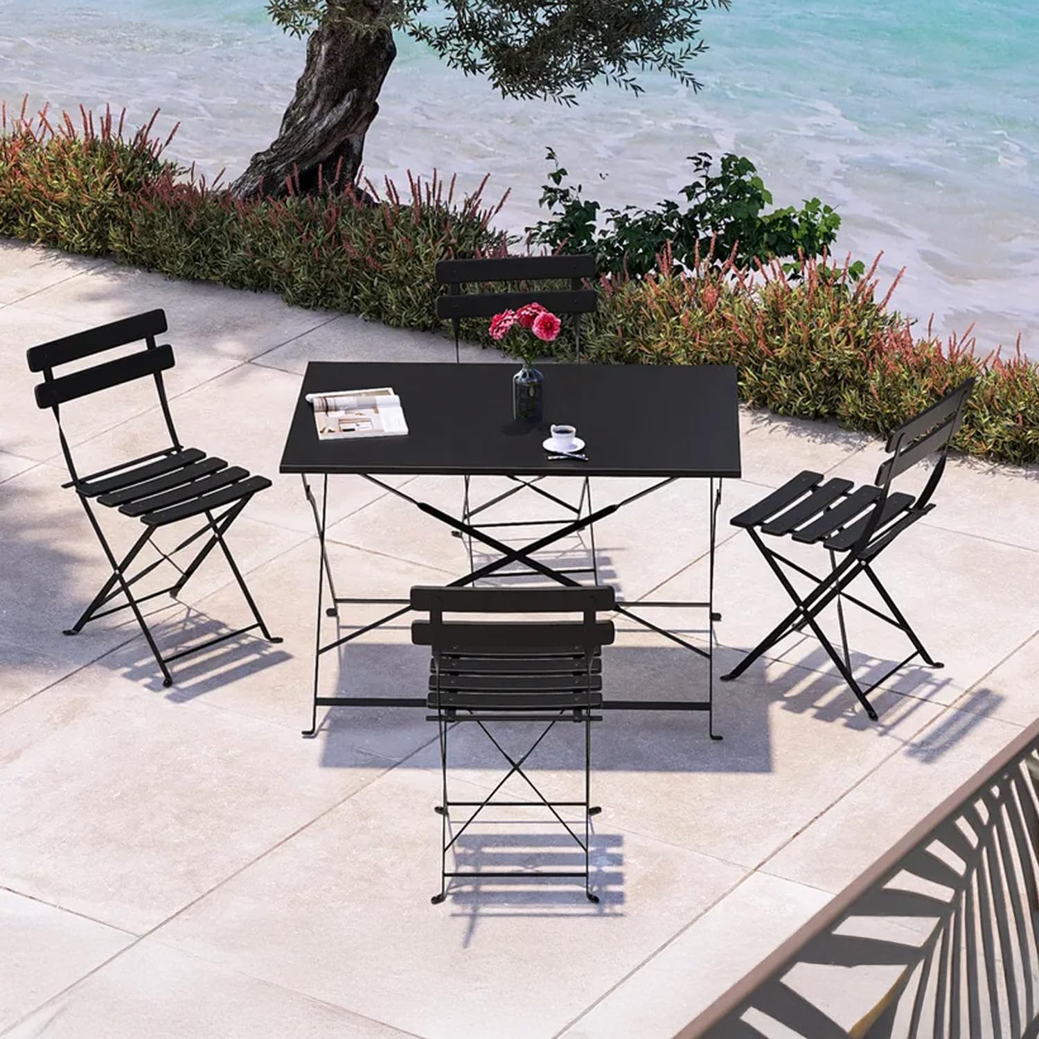 Avilia Salotto da Giardino Esterno Koby Double – Set Tavolo e Sedie da Esterno Pieghevoli in Metallo Antracite, 4 Sedie Ergonomiche e Tavolo Multifunzionale, Design Compatto e Resistente