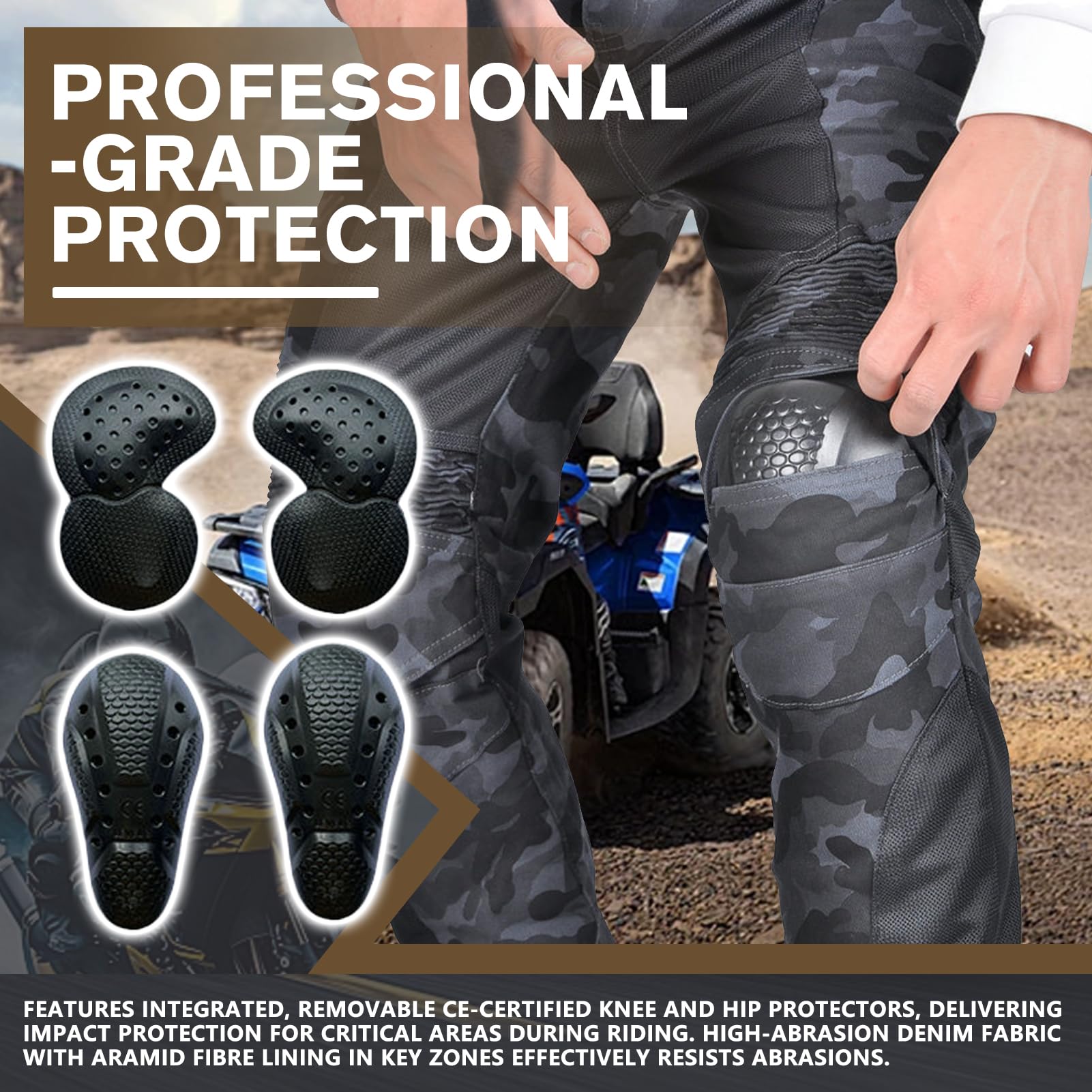 Homme Pantalon de Moto, Pantalon Moto Anti-Chute Respirant en Maille D'été Camouflage, avec Coussinets Protection CE Amovibles Jeans de Pantalon d'armure