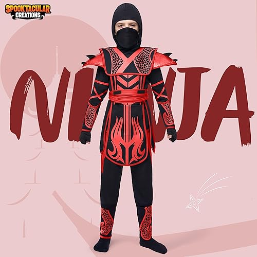 Miniatura 2 de Spooktacular Creations Disfraz de Ninja para niños, disfraz de Ninja rojo y negro para niños, disfraz de Halloween con accesorios para fiestas