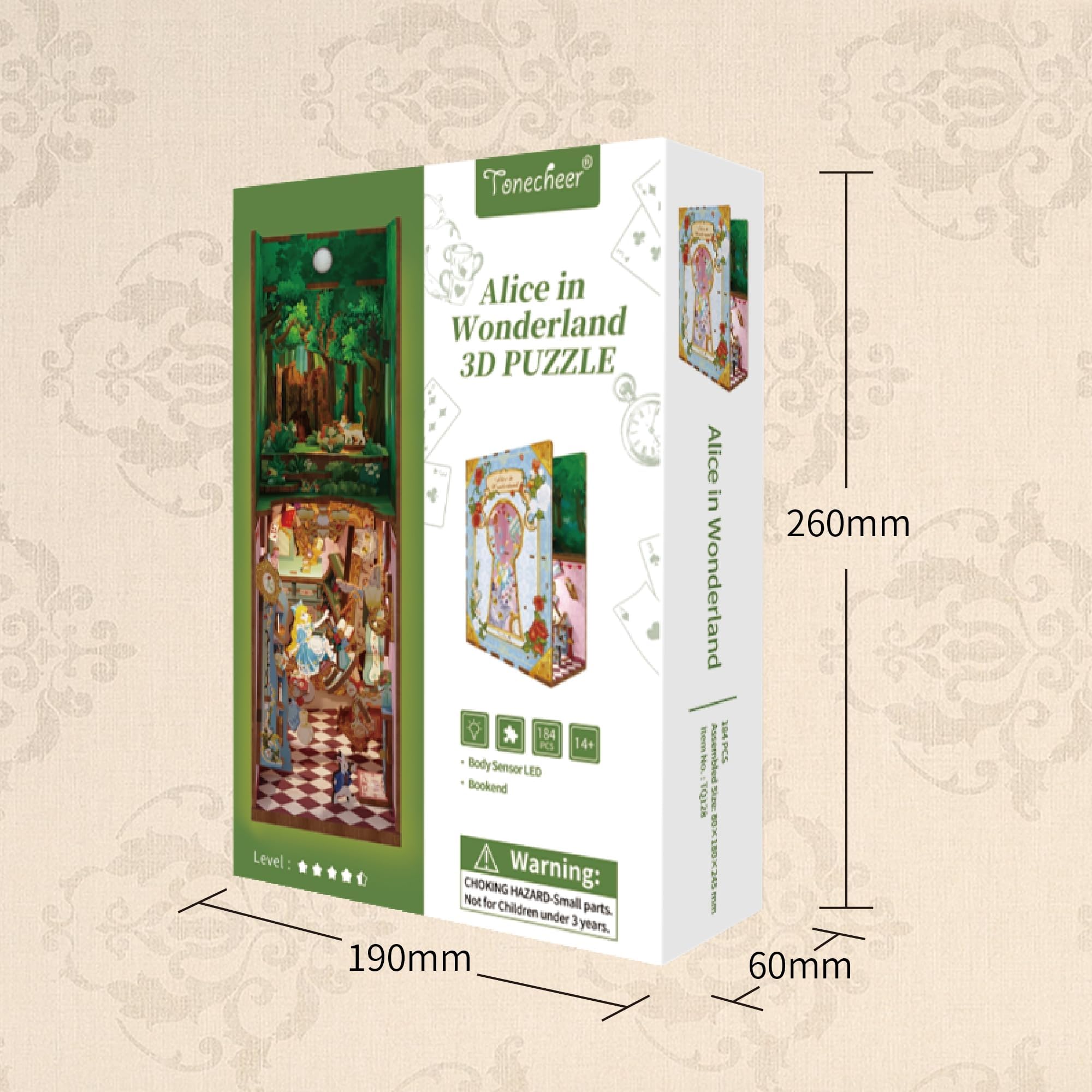 Tonecheer DIY Book Nook Kit 3D Puzzle en Bois Adultes Bricolage Livre Nook Miniatures à Construire (Alice au Pays des Merveilles)