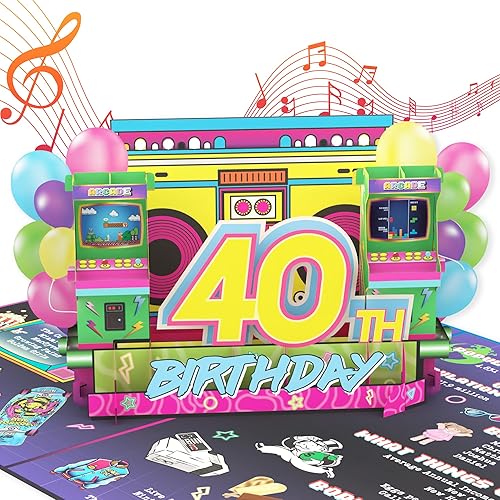 Tarjeta de cumpleaños número 40 con música y luces Back In 1985 Pop Up Tarjetas de cumpleaños para hombres y mujeres Trivia retro de los 80,