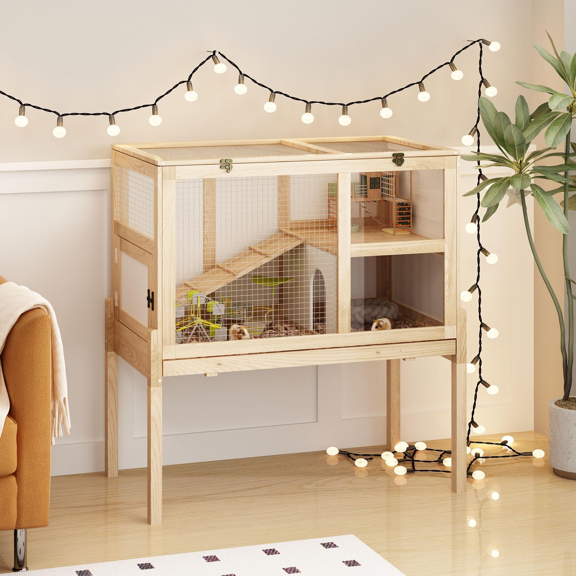 Guinea Pig House for 2 with Stand, Small Animals Rabbit Cages with a Pull Out Tray, Wooden 2 Stories Indoor Large Hamster Habitat Playpen with Ramp, Hideout, Platform, Pull Out Tray, Natural