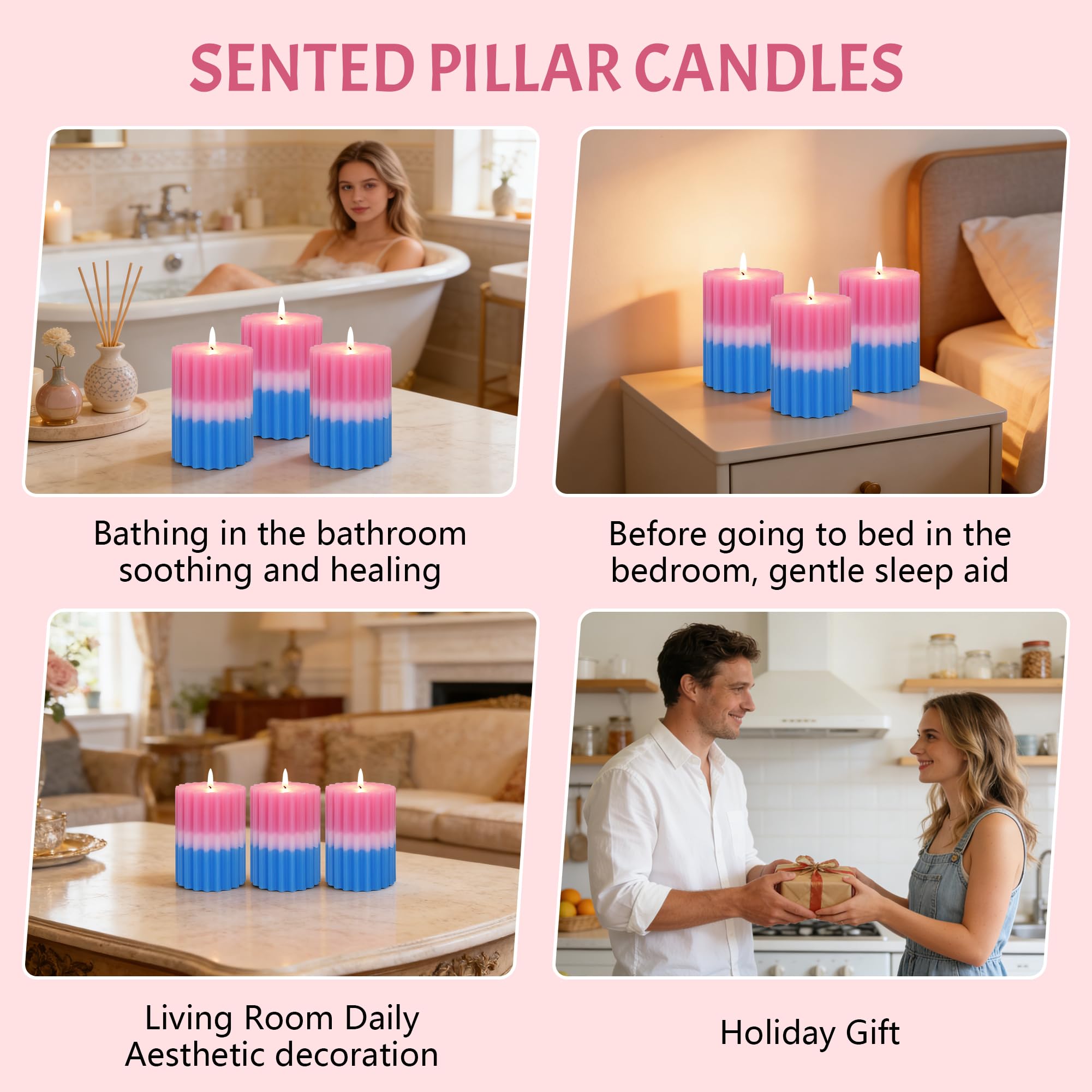 Chypre - Velas de pilar perfumadas florales afrutadas, acanaladas azul y rosa, 3 x 4 pulgadas, núcleo 100% algodón, velas de cera de parafina hechas a mano para baño, sala de estar, decoración