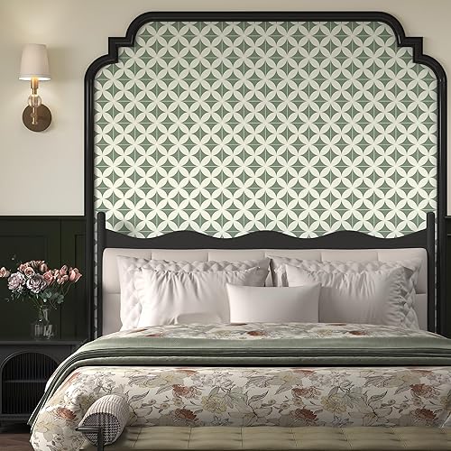 Miniatura 2 de Papel tapiz geométrico verde beige para despegar y pegar, papel tapiz bohemio de 17.3 x 78.8 pulgadas, papel tapiz autoadhesivo extraíble para baño,