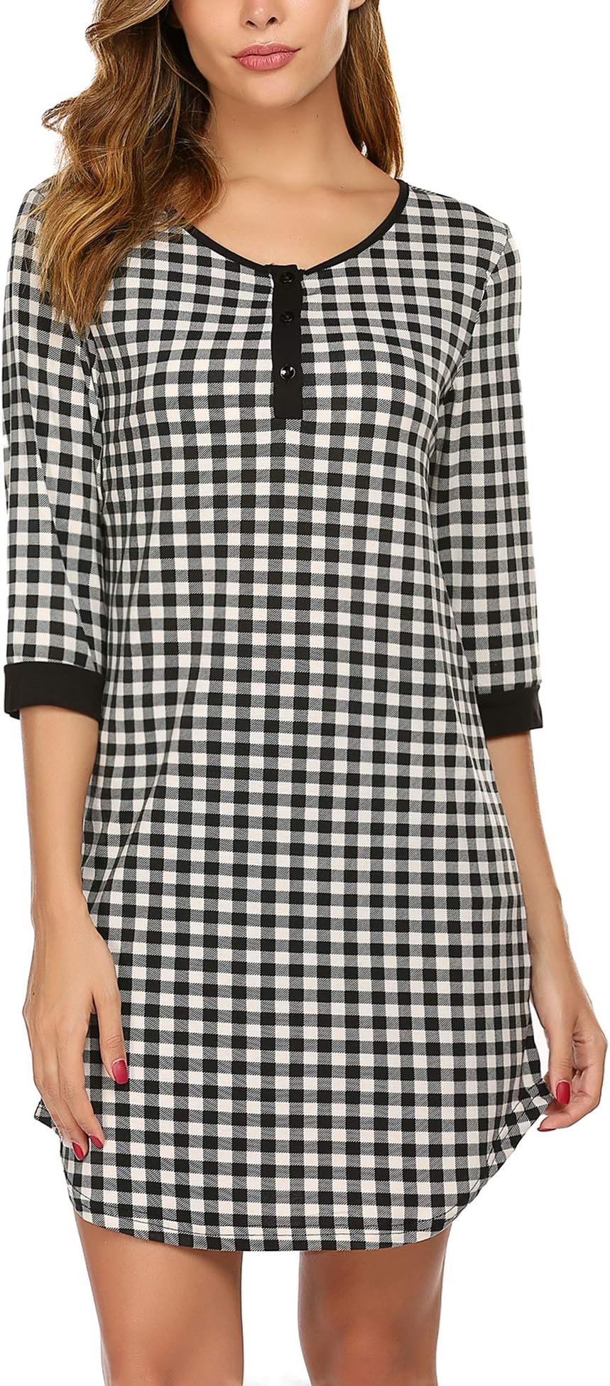 EkouaerWomen's Nightgown Plaid Nightdress 3/4 Sleeve Sleepshirt Button Down Sleep Dress S-XXL