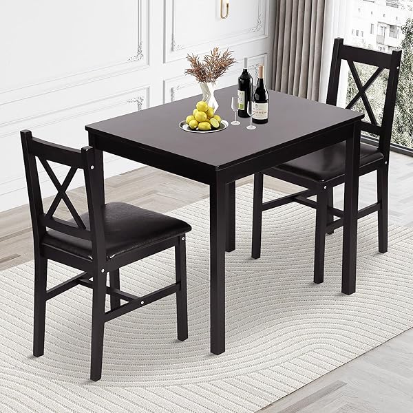 Small Dining Table Set 3 Piece Wood Dinning Room Table Set for 2, Square Kitchen Table and 2 Chairs, Space Saving Dinette for Kitchen, Dining Room, Appartment, Dark Brown