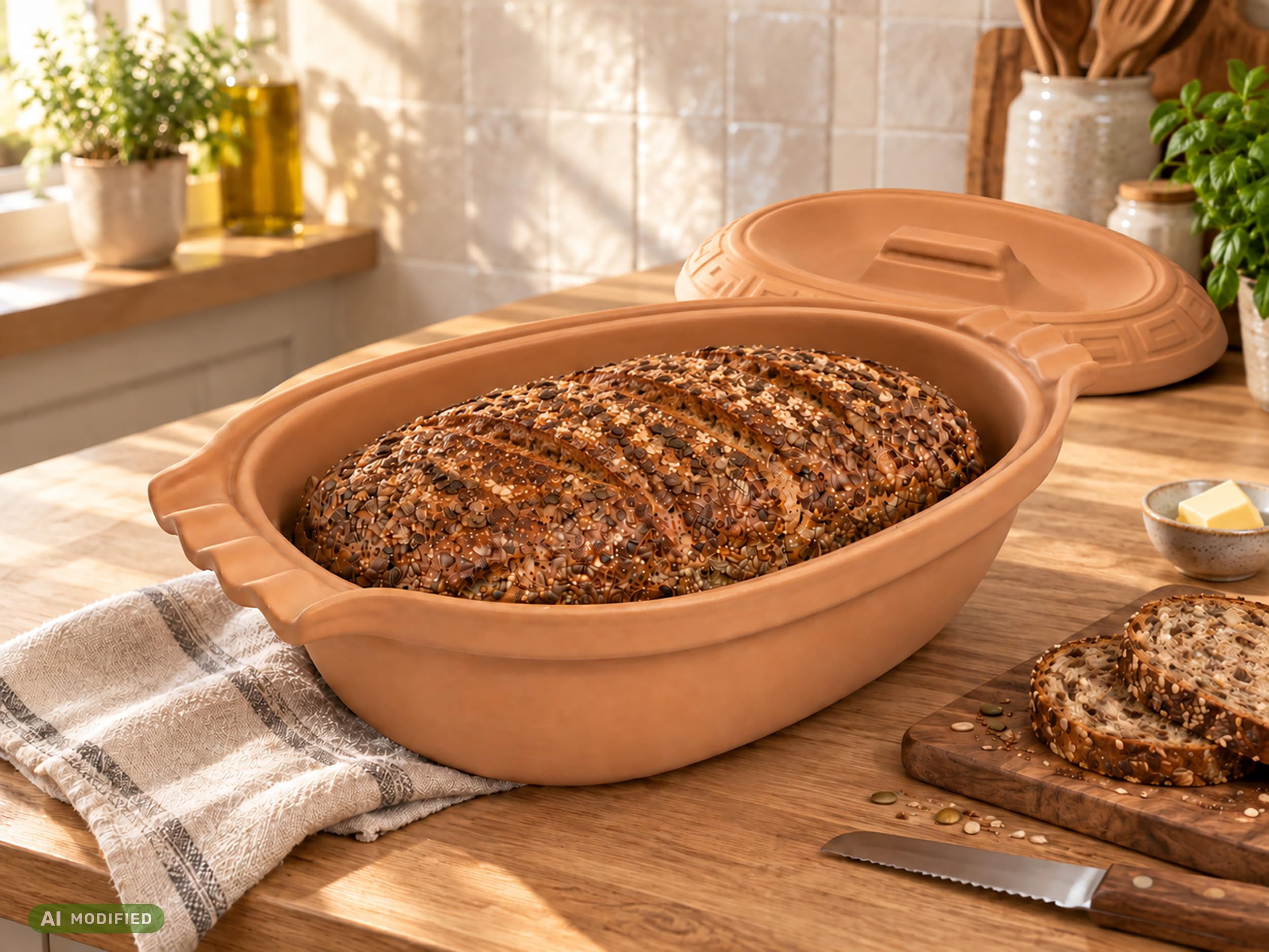5 Liter ovale Brotbackform mit Deckel aus Steingut, 41x27x13 cm, Bräter, Auflaufform, Gratinform, Schmortopf, Brottopf (Ohne Glasur)