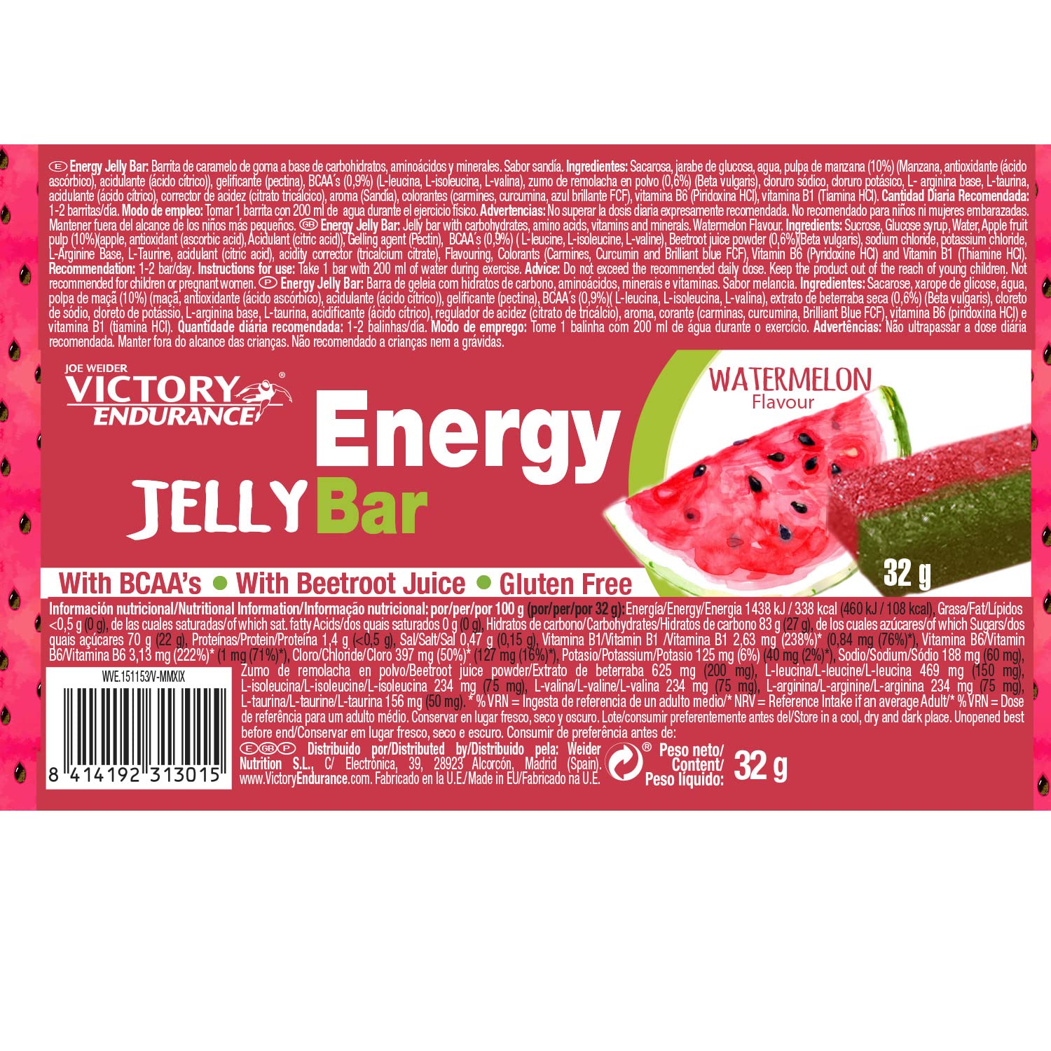 VICTORY ENDURANCE Energy Jelly Bar Sandía; 32g x 24 barritas Aportan vitaminas, minerales y zumo de remolacha; Sin Gluten