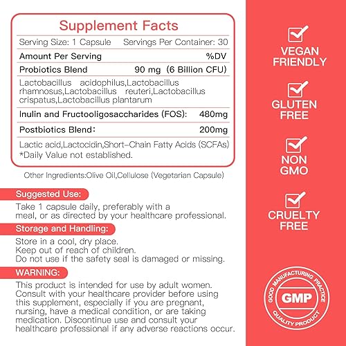 Miniatura 6 de Probióticos vaginales para mujeres, equilibrio de pH con mezcla de prebióticos y postbióticos, suplemento de salud vaginal para mujer, apoya la