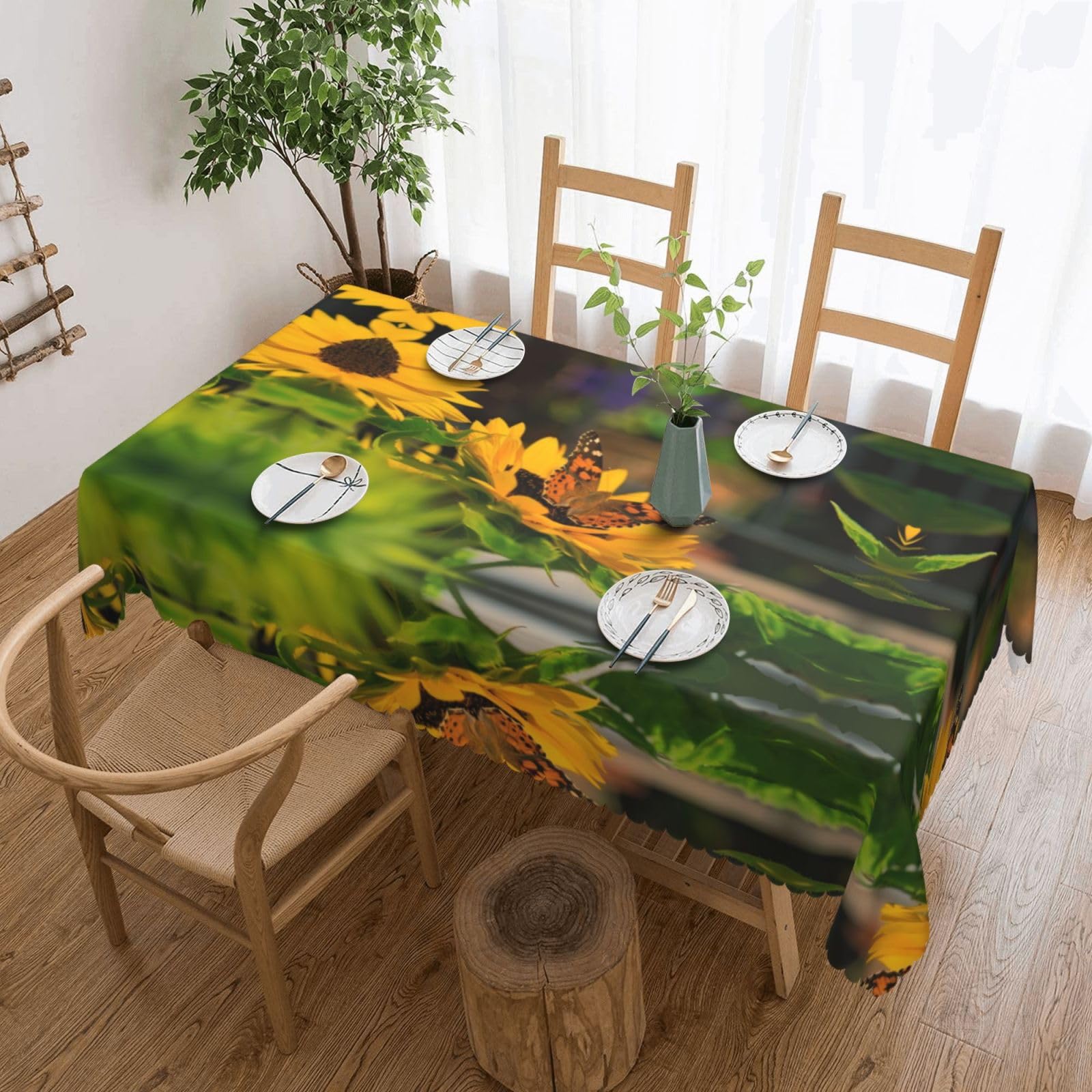 HLSBSSL Sunflower Butterflies Patterned square lace tablecloth, wrinkle-resistant and durable, suitable for dining tables, parties, etc.