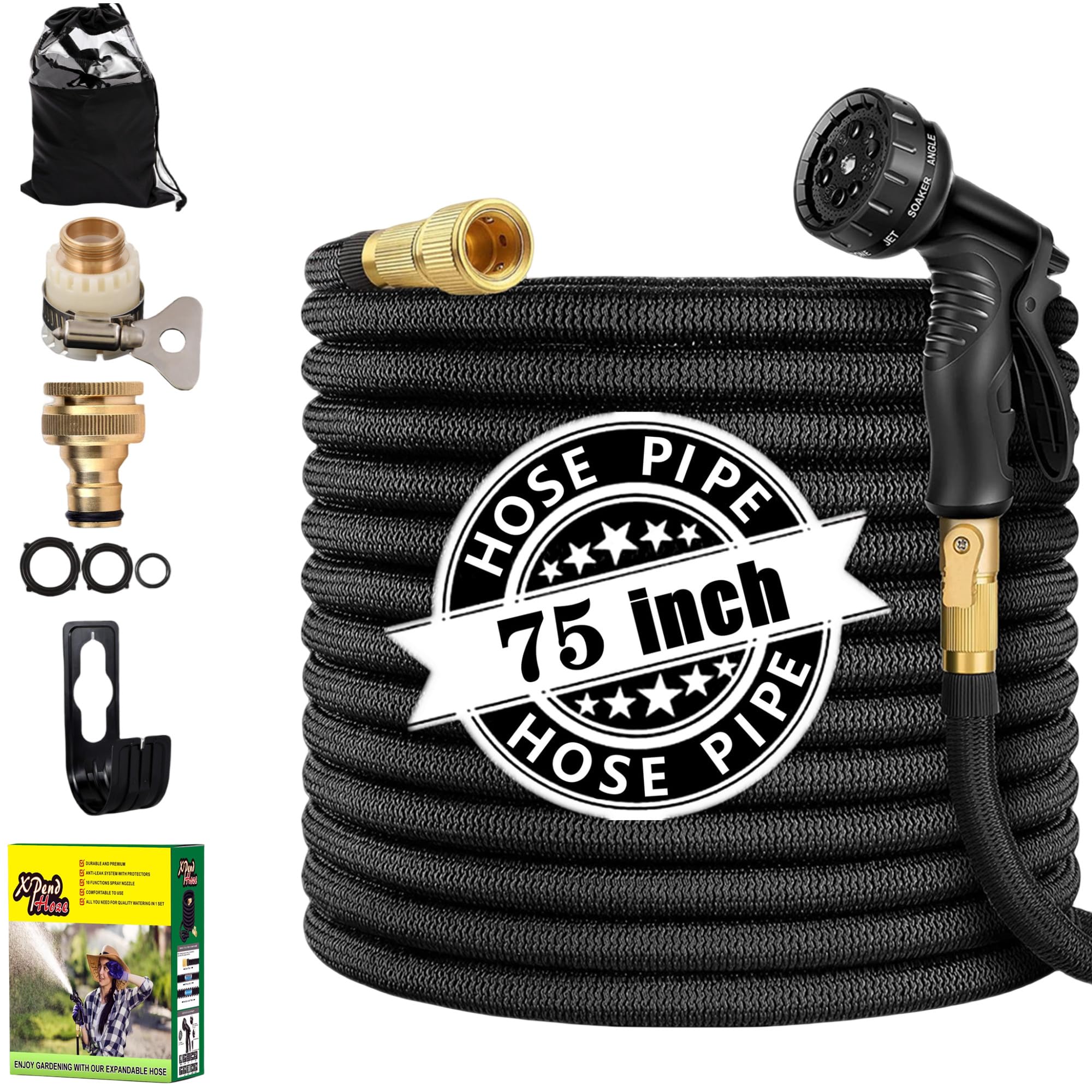 Expandable Garden Hose Pipe 75FT, 3 Times Expanding Flexible Magic Lightweight Watering Hose Pipe with 10 Function Spray Gun/Solid Brass Fittings/Anti-Leakage (75ft)