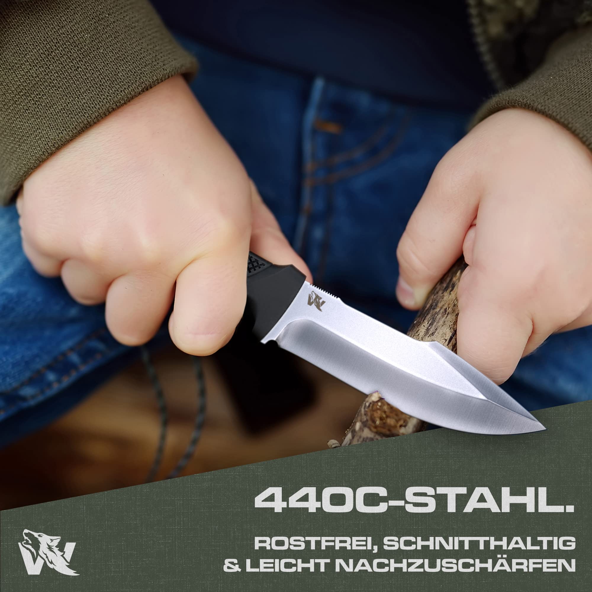 Wolfgangs W-KIDS - Schnitzmesser Kinder mit Süßem Kindermesser Führerschein - Outdoor Kinder Messer Set mit Scheide und Feuerstahl - DAS Kinder Schnitzmesser für das erste große Abenteuer