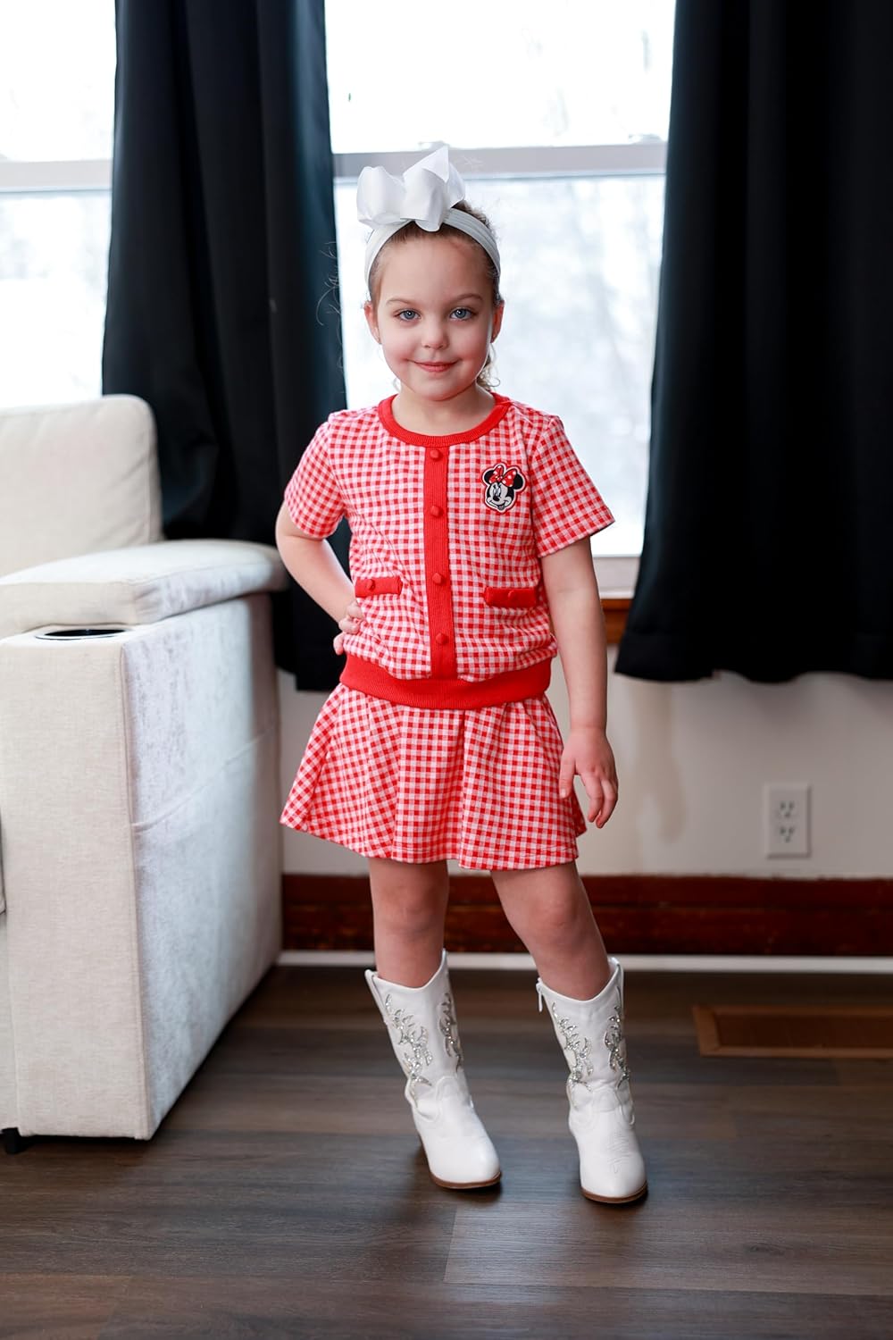 Disney Frozen Elsa Stitch Princess Moana Minnie Toddler Girl 2 Piece Outfit Kid Pearl Button Knit Top & Tweed Skirt Set 2-13Y