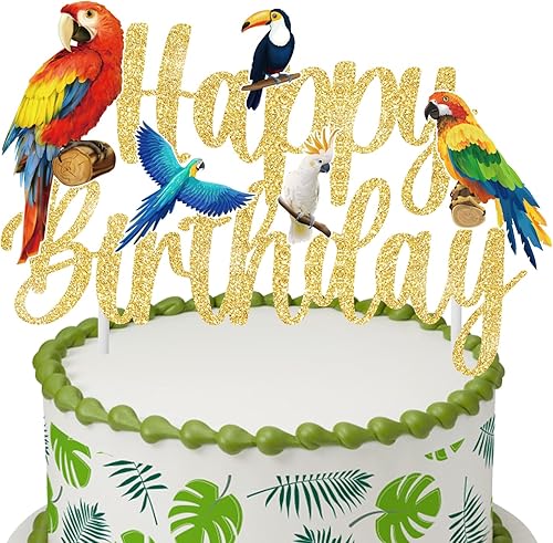 CANDY CHEF Decoración de pastel de cumpleaños de loro, pájaro tropical, decoración de pastel de cumpleaños de loro feliz cumpleaños, decoración de