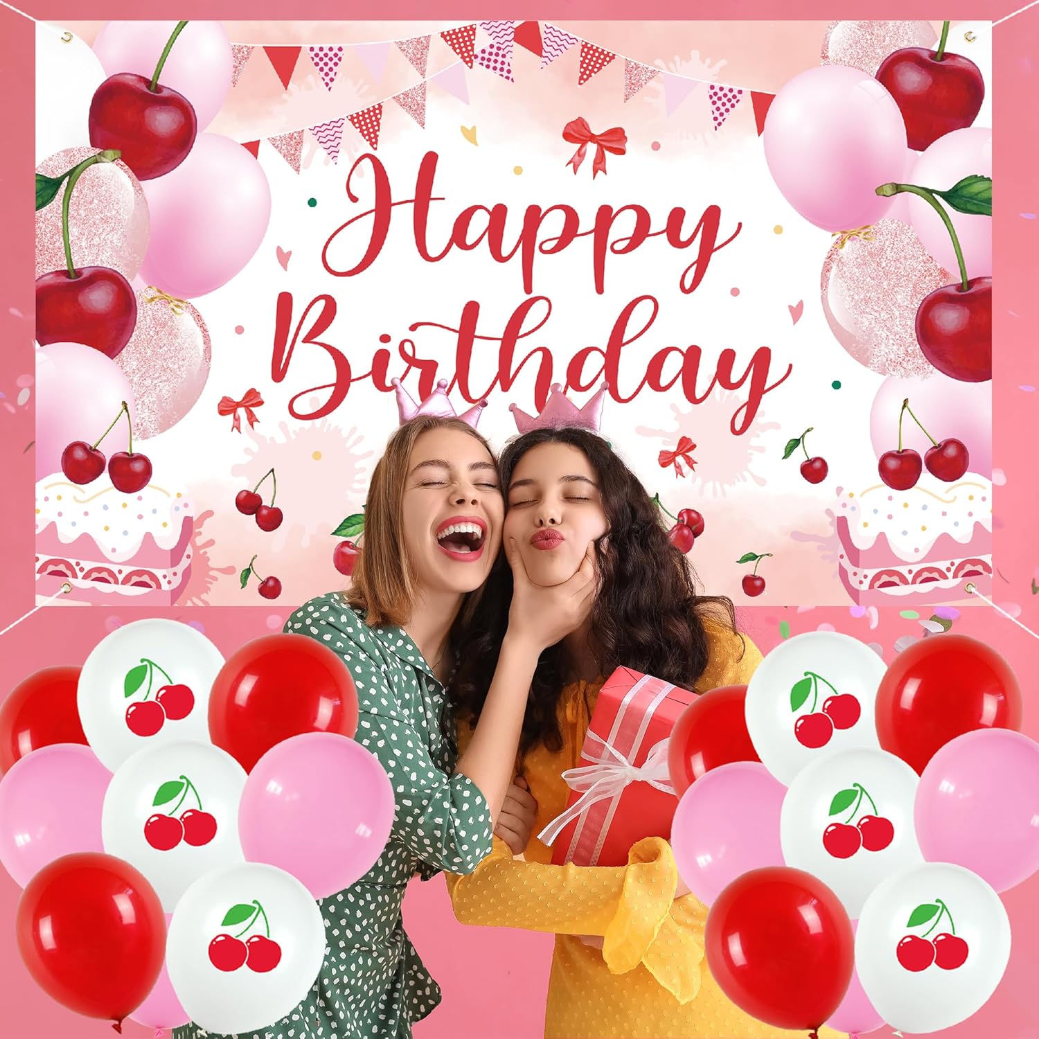 Crenics Cherry Birthday Decorations - Happy Birthday Backdrop, She's The Cherry on Top Banner, Paper Pom Poms, Hanging Swirls, Cake Toppers and Balloons for Girls or Women Party Supplies
