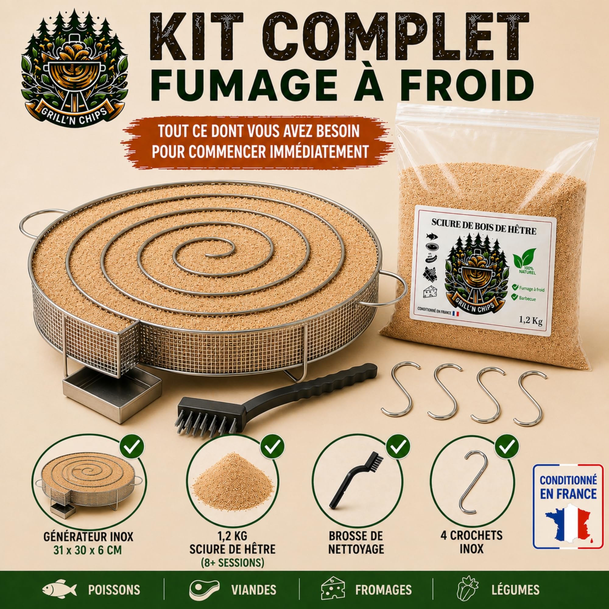 Générateur (30 cm)/Serpentin de Fumée Froide pour Fumoir Viande et Poisson + 1.2kg de Sciure de bois de hêtre + 4 crochets et 1 Brosse de nettoyage - Guide Numérique PDF à Télécharger (Offert)