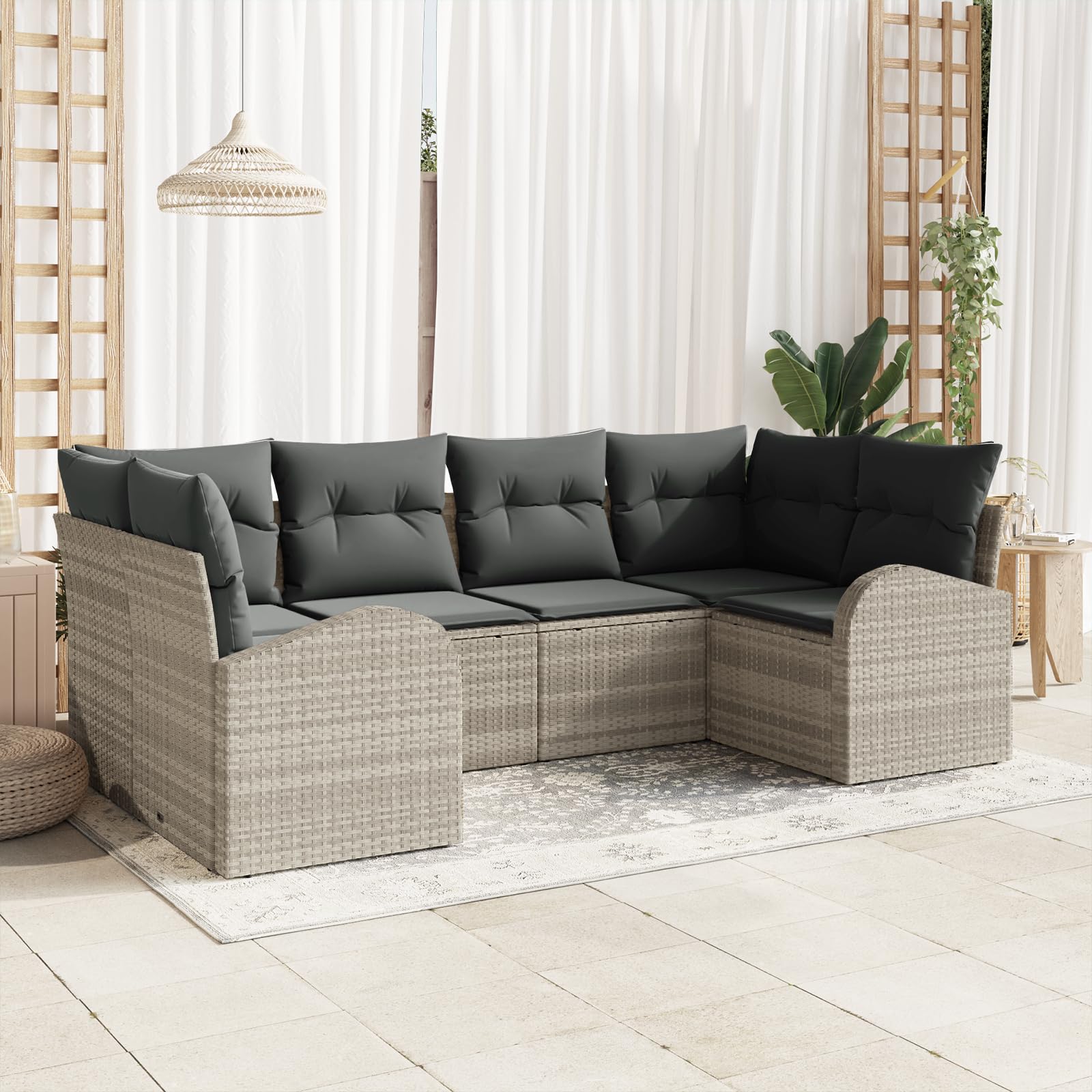 Juego de 6 sofás de jardín con cojines gris claro de poliratán, juego de muebles de jardín, cómodo juego de asientos tejidos a mano