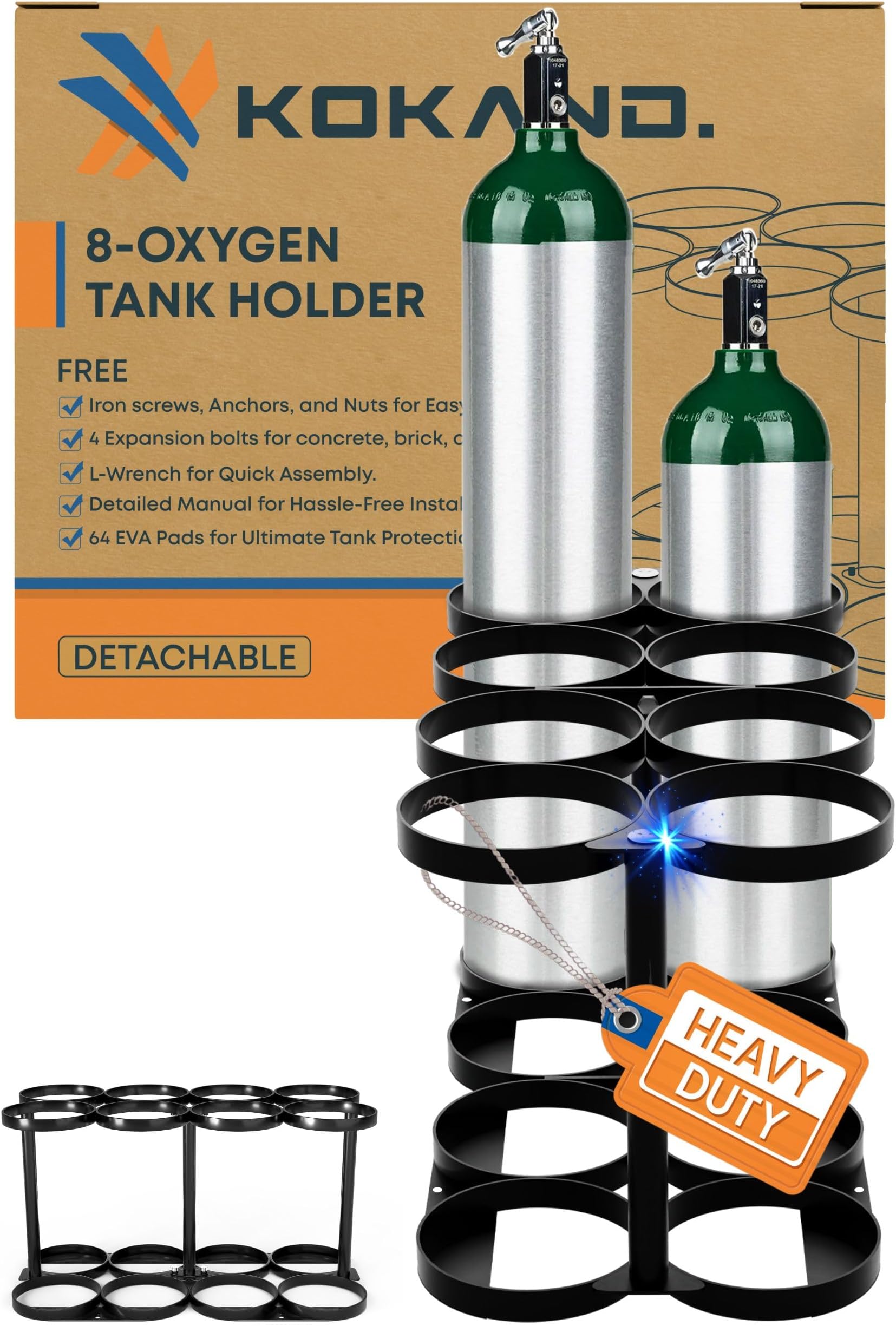 Premium Quality Detachable Oxygen Tank Holder (8) for E, D, M9/C Size Cylinders - Heavy Duty Metal Storage Rack - Portable Oxygen Tank Carrier for Travel & Vehicle Use (Black) (4.5" Wide Slots)