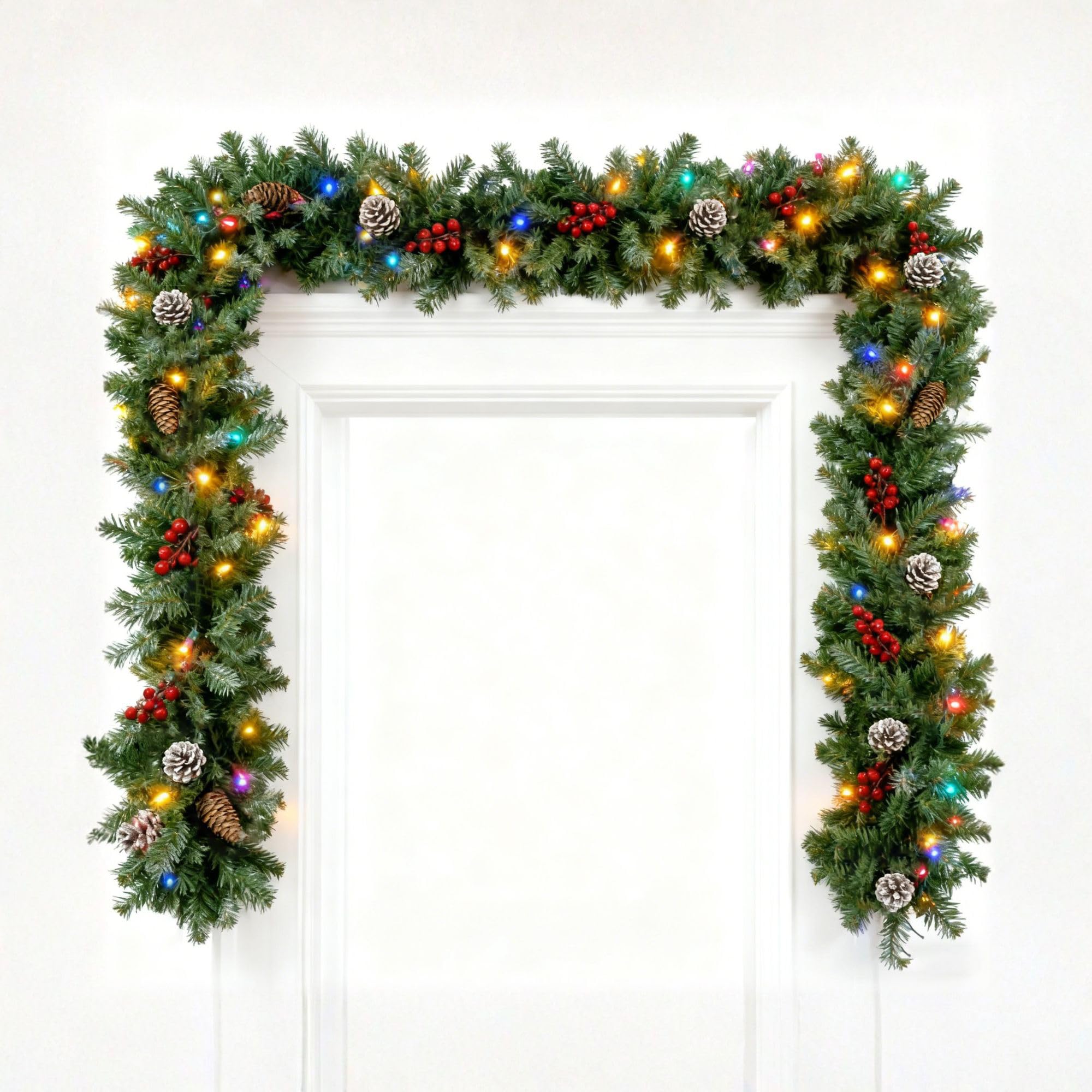 Christmas Decorations,Artificial Christmas Garland with Lights, 9 FT Christmas Pinecone Wreath Flocked with Mixed Decorations, Spruce for Door Decoration