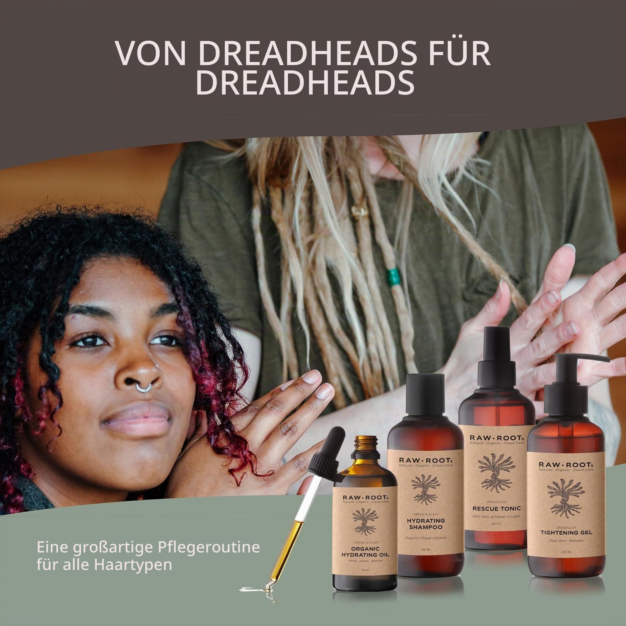 RAW ROOTs | Dreadlocks Exclusives Dry Locks & Scalp Care Kit | Das Ultimative Dreads Pflege Kit | Naturkosmetik Vegan Nachhaltig | Hydrating Oil & Shampoo Aloe Manuka Gel & Rescue Tonic
