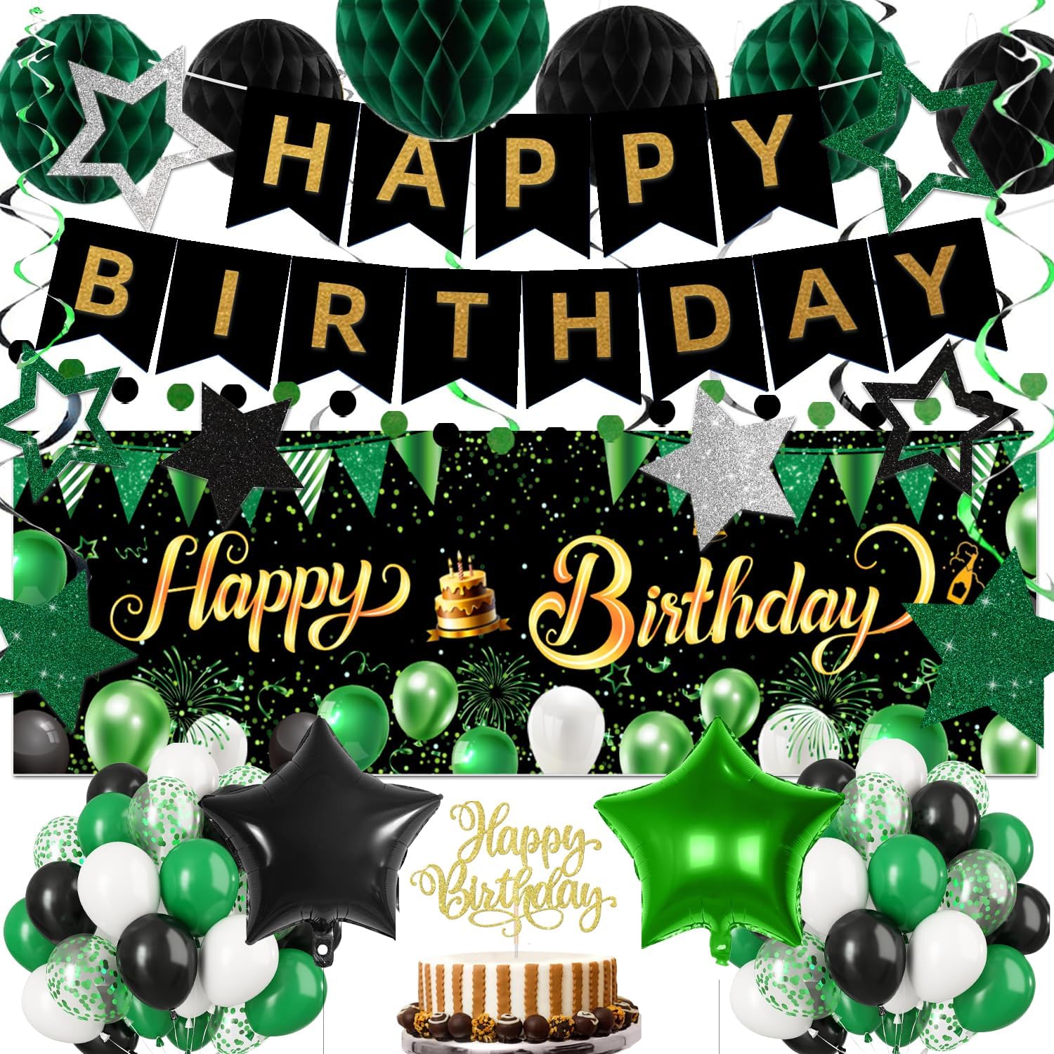 Green Black Birthday Decorations, Happy Birthday Banner, Backdrop, Balloons, Honeycomb Balls, Star Foil Balloons, Stars Hanging Swirls & Cake Topper for Baby Boys Girl Men Women Birthday Decoration Green and Black