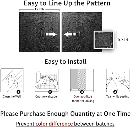 Miniatura 12 de 0001 - Papel tapiz negro autoadhesivo, textura de cocodrilo en relieve, fácil de despegar, papel adhesivo extraíble, para armario y dormitorio, 15.7